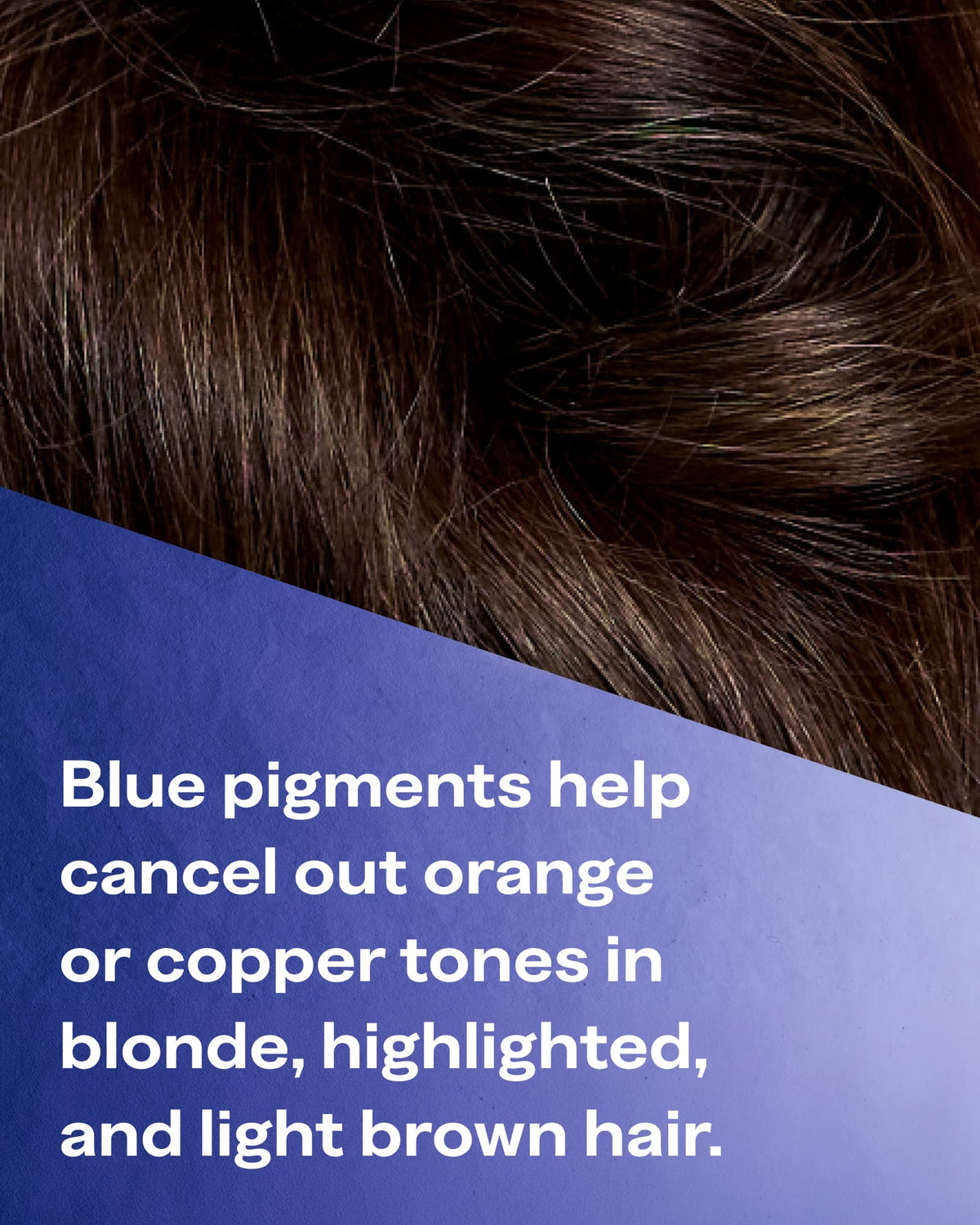 Close-up of dark brown hair with a blue text panel overlay explaining how blue pigments cancel out orange or copper tones in blonde, highlighted, and light brown hair.