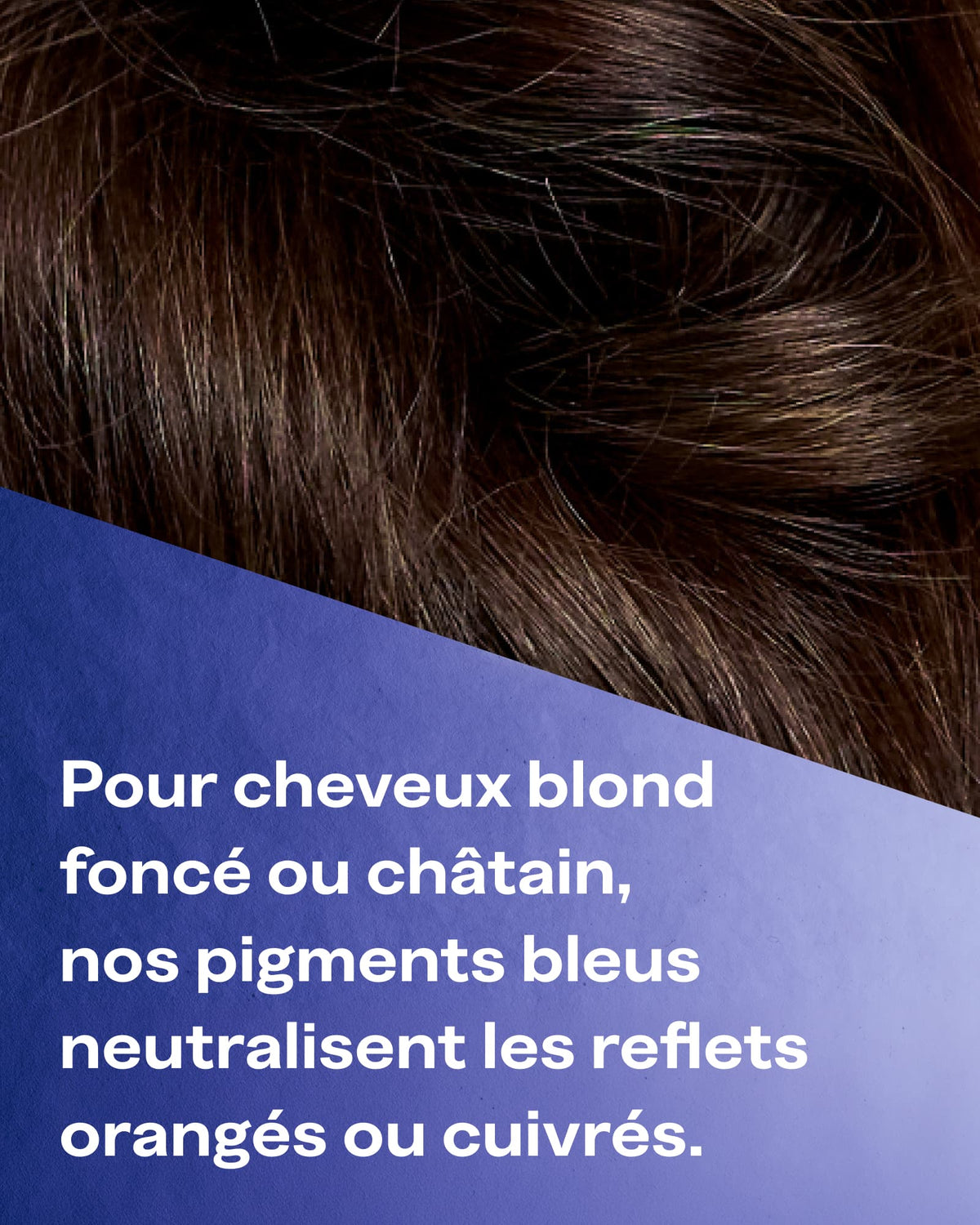 Close-up of dark brown hair with a blue text panel overlaid in French explaining that cool blue pigments neutralize orange or coppery highlights for dark ash blonde or black hair.