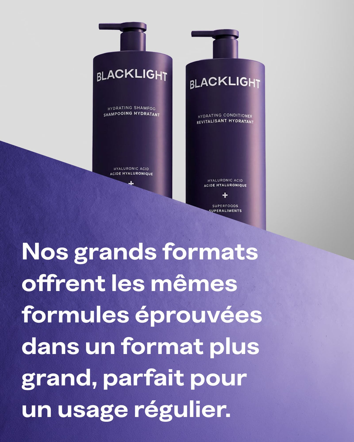 Two Blacklight Blonde Science hydrating shampoo and conditioner bottles in a deep purple color, set against a split gray and purple background with French promotional text.