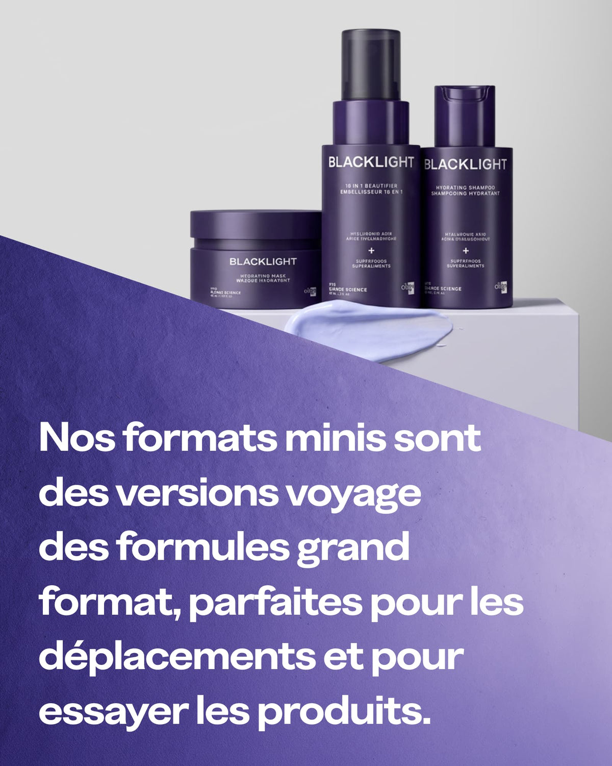 Three BLACKLIGHT haircare products in dark purple packaging are displayed on a white pedestal against a light gray background, with a large French promotional text overlay in the lower left corner.