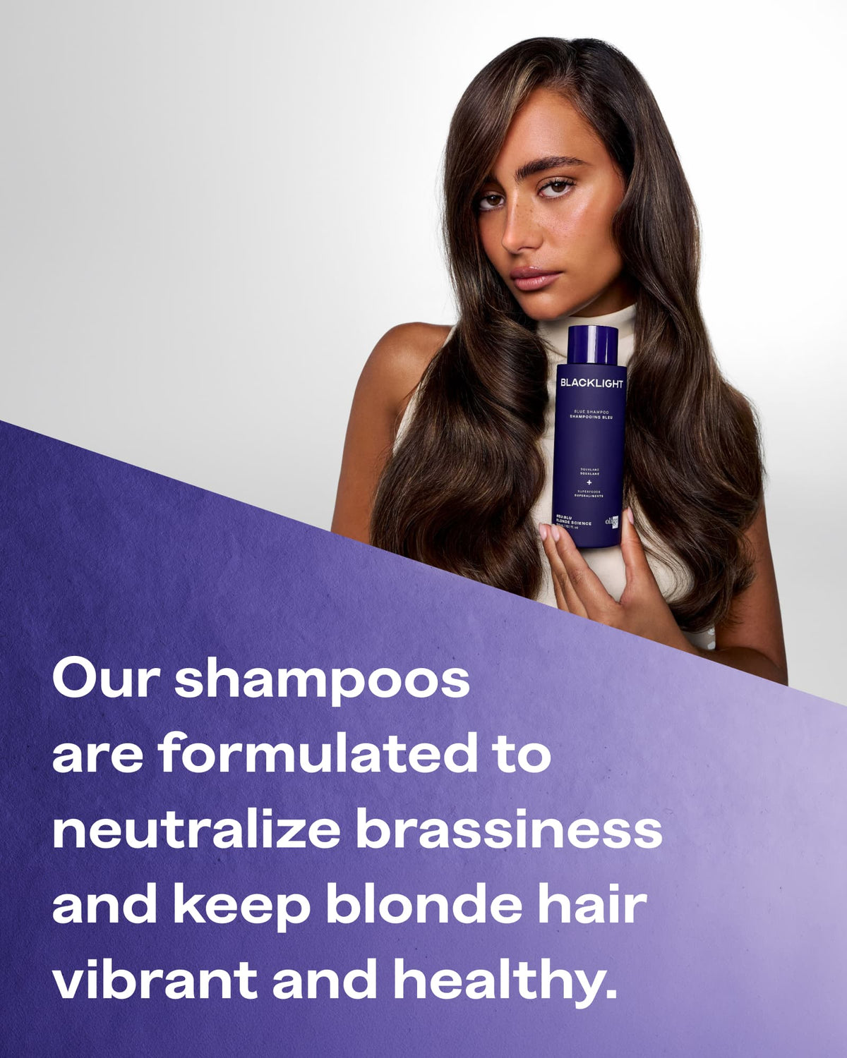 A woman with long, straight blonde hair holds a dark blue bottle of Alon Light shampoo. The image features a purple diagonal banner with white text that reads, 'Our shampoos are formulated to neutralize brassiness and keep blonde hair vibrant and healthy.