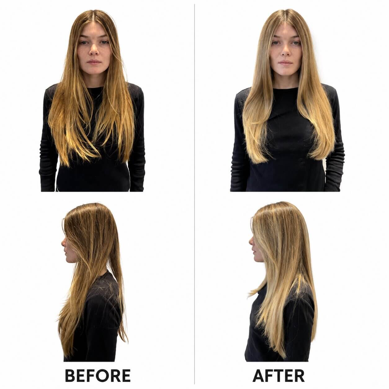 Before and after comparison of a person with long blonde hair, showing a side view after using Blacklight repair products