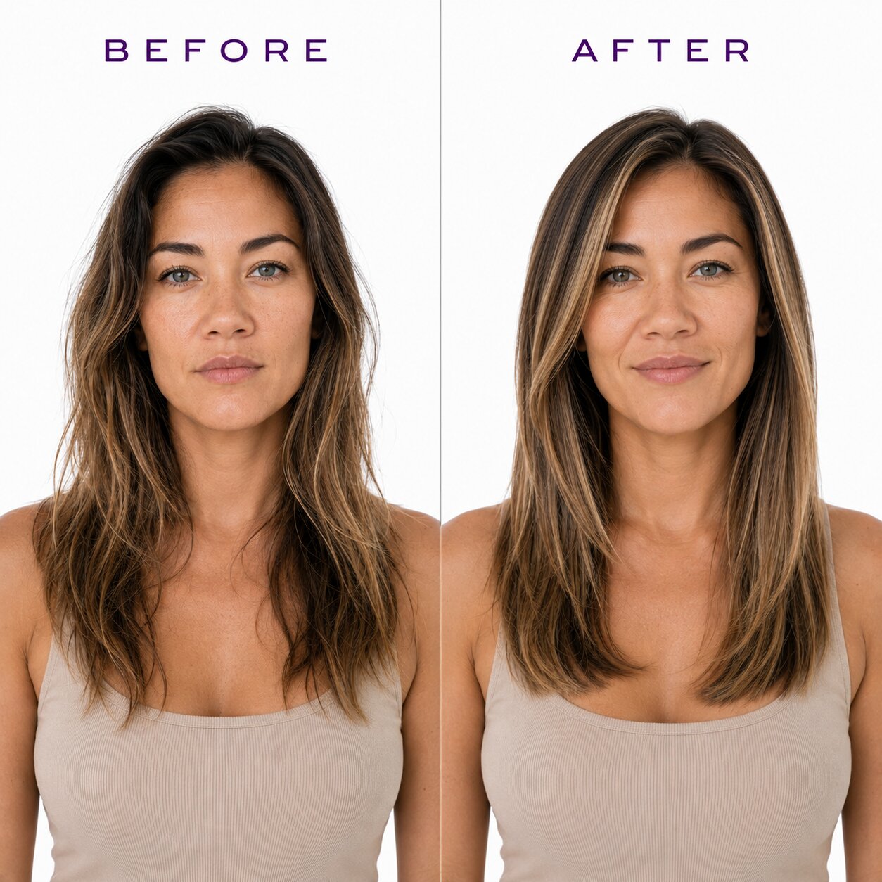 Before and after comparison of a woman with styled hair on a white background