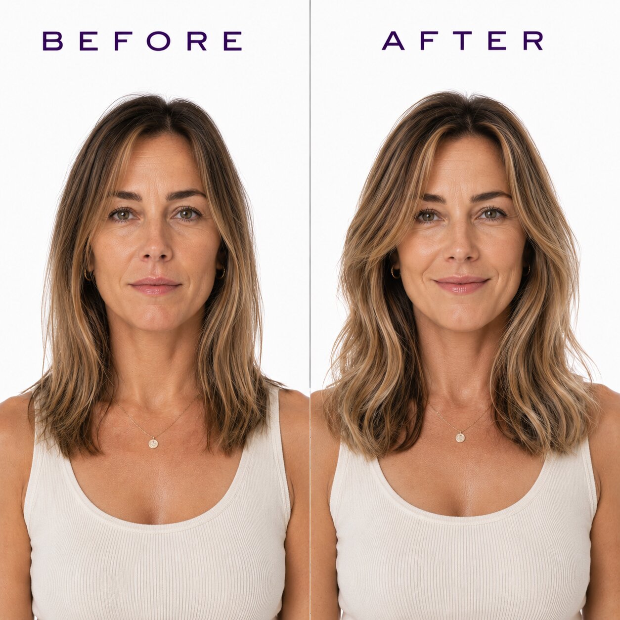 Before and after comparison of a woman with shoulder-length hair wearing a white tank top.