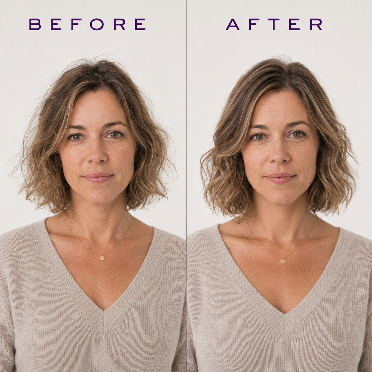 Before and after comparison of a woman's shoulder-length wavy hair, showing a hair care or styling product's effect. The left side is labeled 'BEFORE' with dry, frizzy hair, and the right side is labeled 'AFTER' with smoother, shinier, and more styled hair.