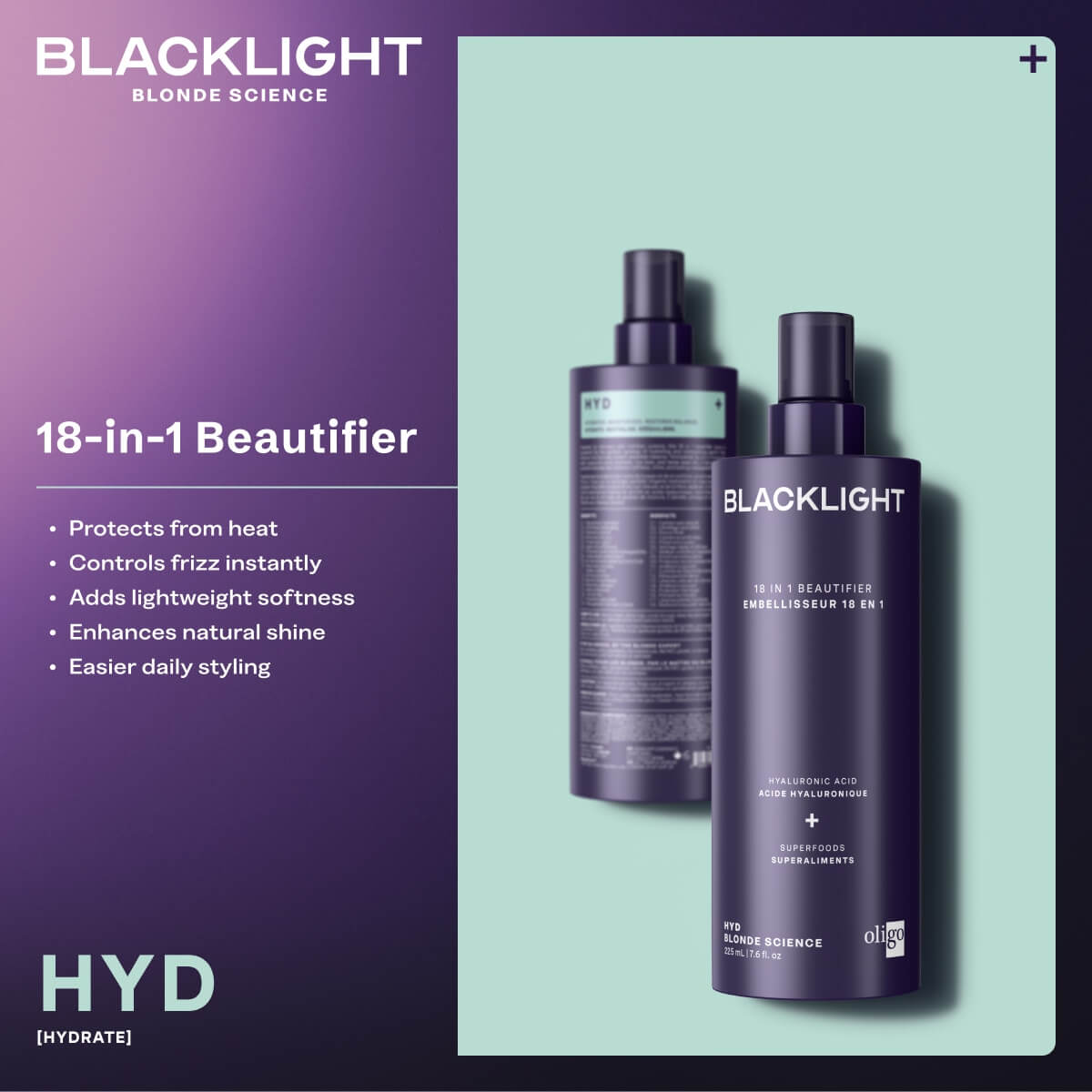 Two bottles of Blacklight 18-in-1 Beautifier on a light green background with product details on a purple sidebar.