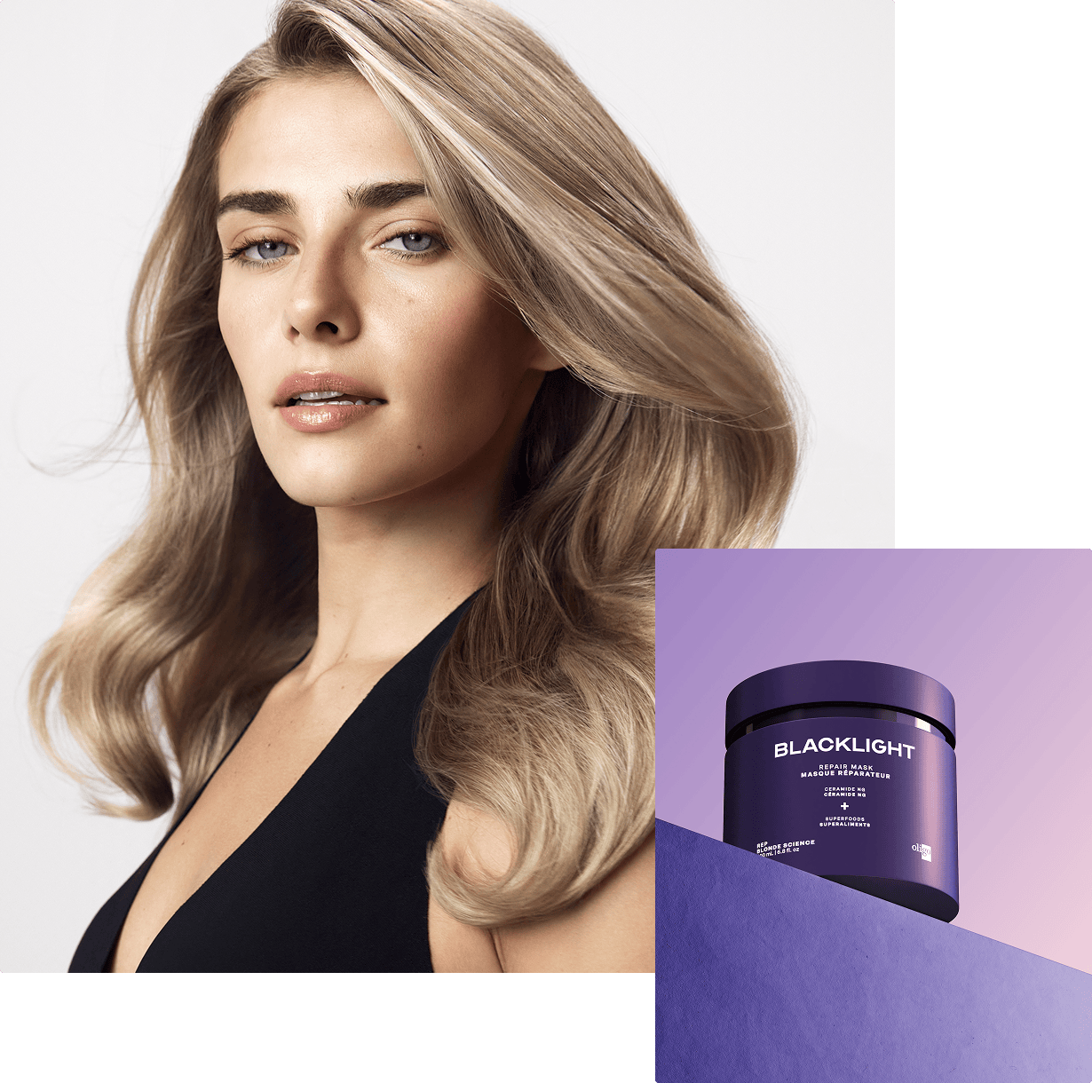 Picture of a blonde model with a jar of Blacklight Blonde Science Hydrating Mask