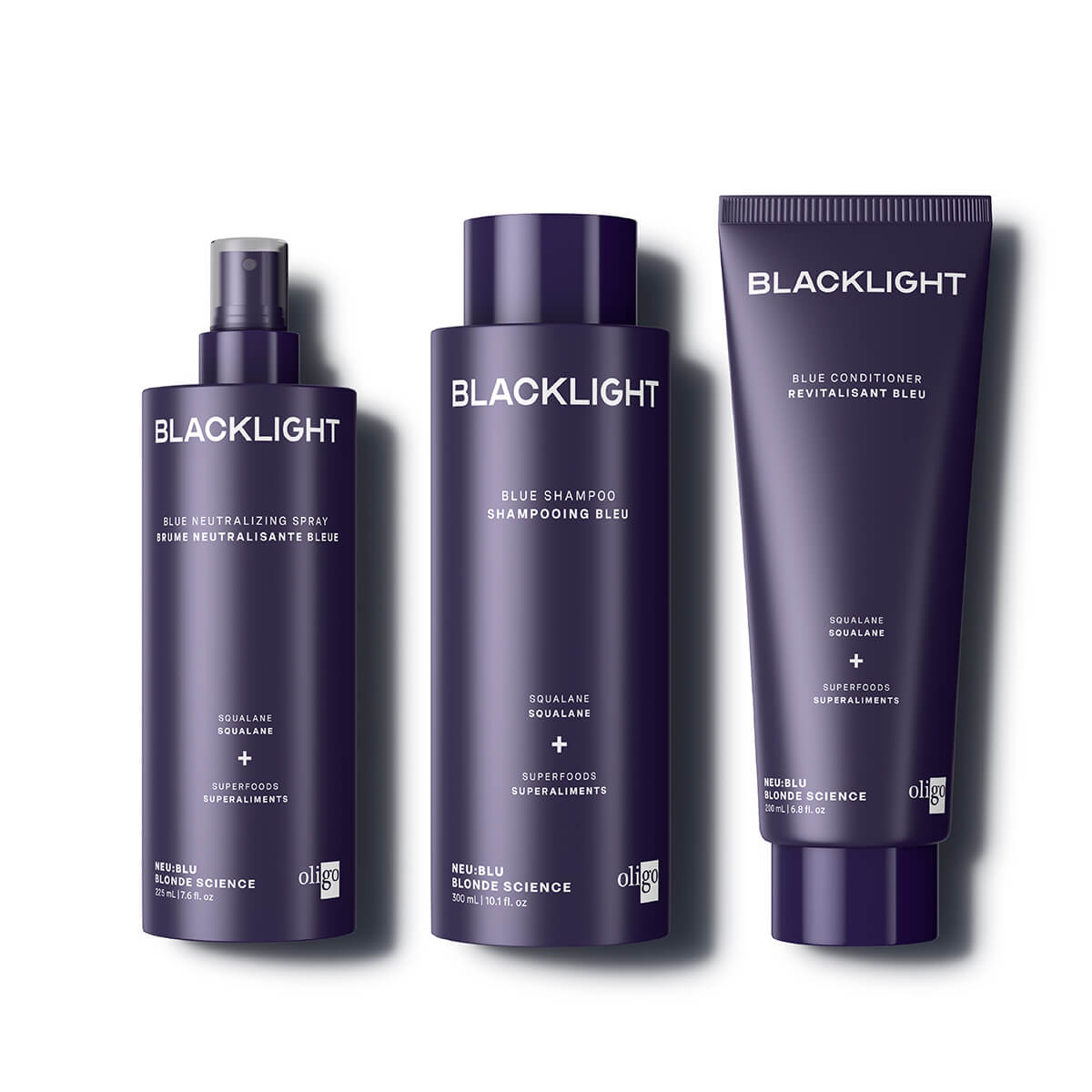 3 bottles of Blacklight Blonde Science Blue Products for Blonde Hair including a shampoo, conditioner and spray that are included in a bundle