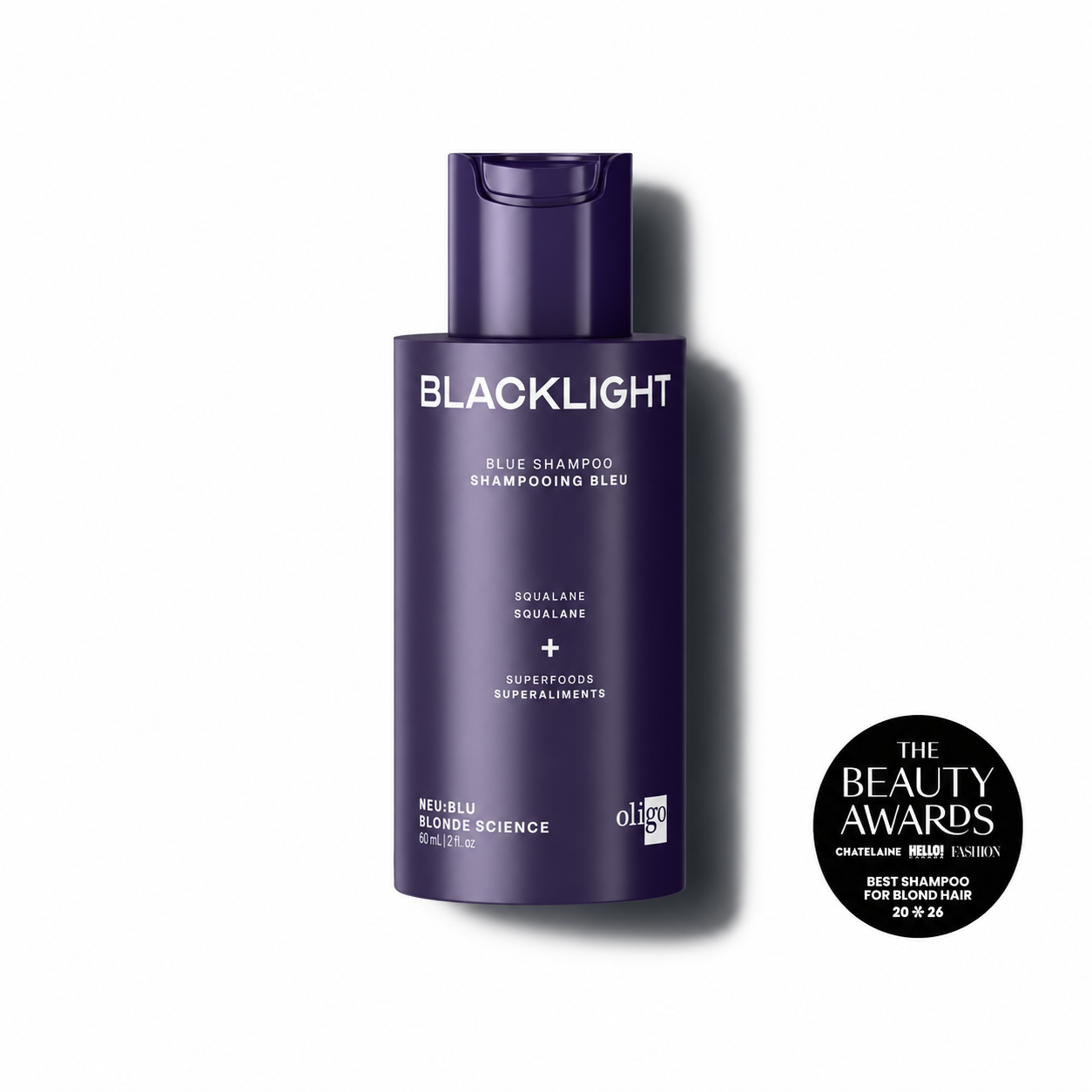 Front of bottle of Blacklight Blonde Science Blue Shampoo for Blonde Hair 60ml #size_60 ml / 2 fl. oz