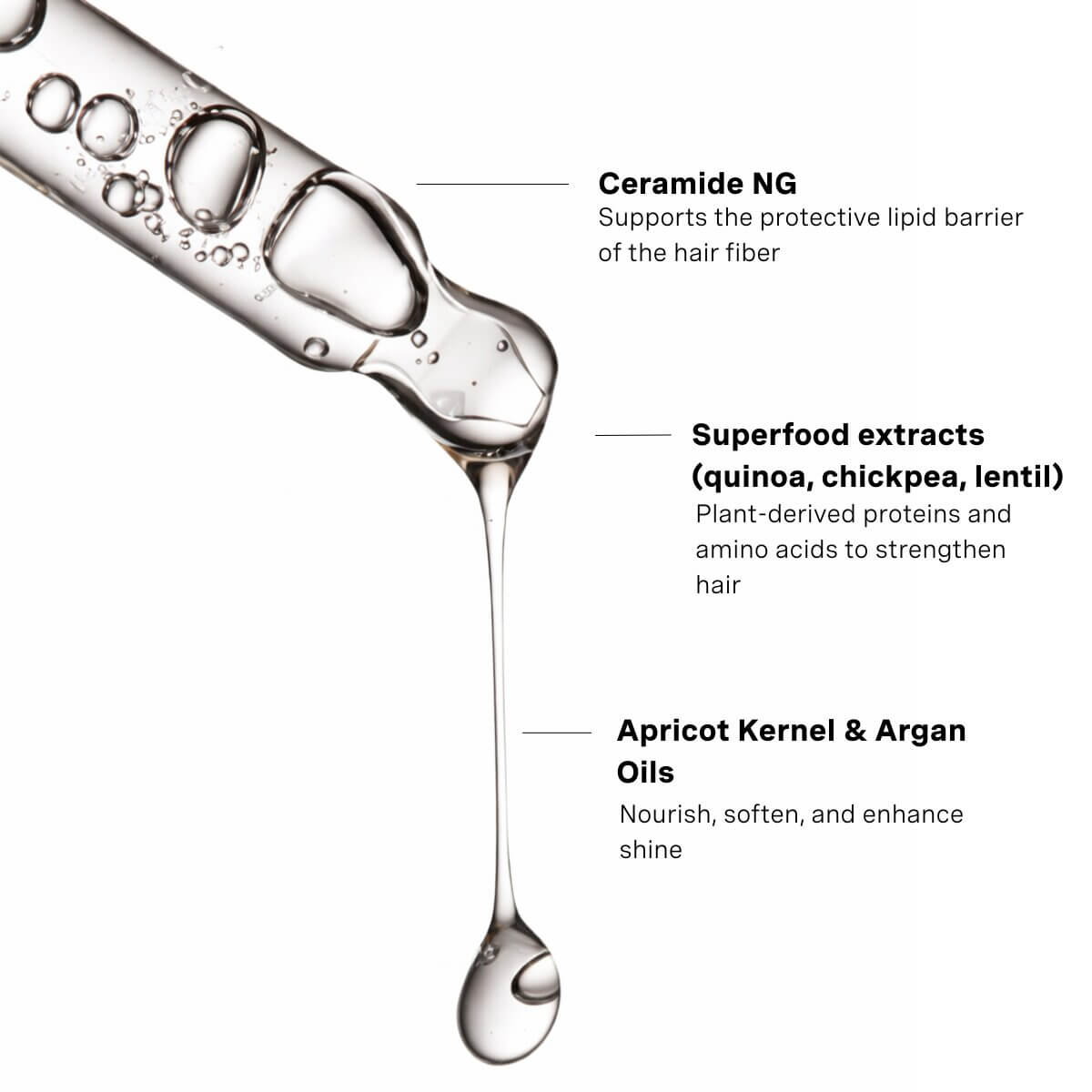 Texture of the Blacklight Blonde Science Hair and Scalp Oil showing superfood extracts, and apricot kernel & argan oils on a white background.