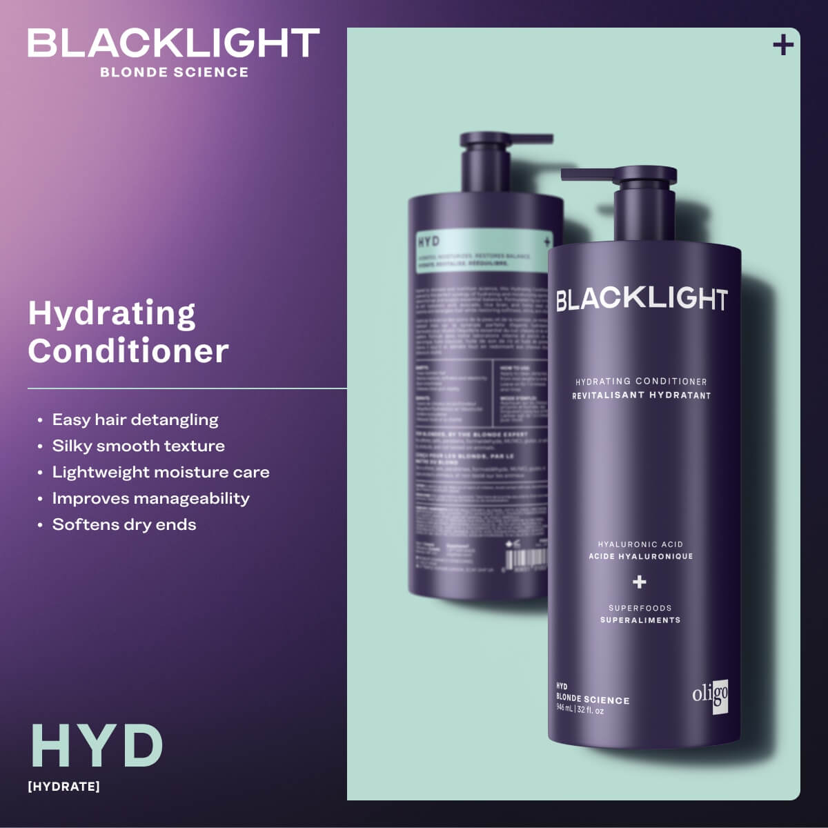 Two bottles of Blacklight Hydrating Conditioner on a light green background with product details on a purple sidebar.