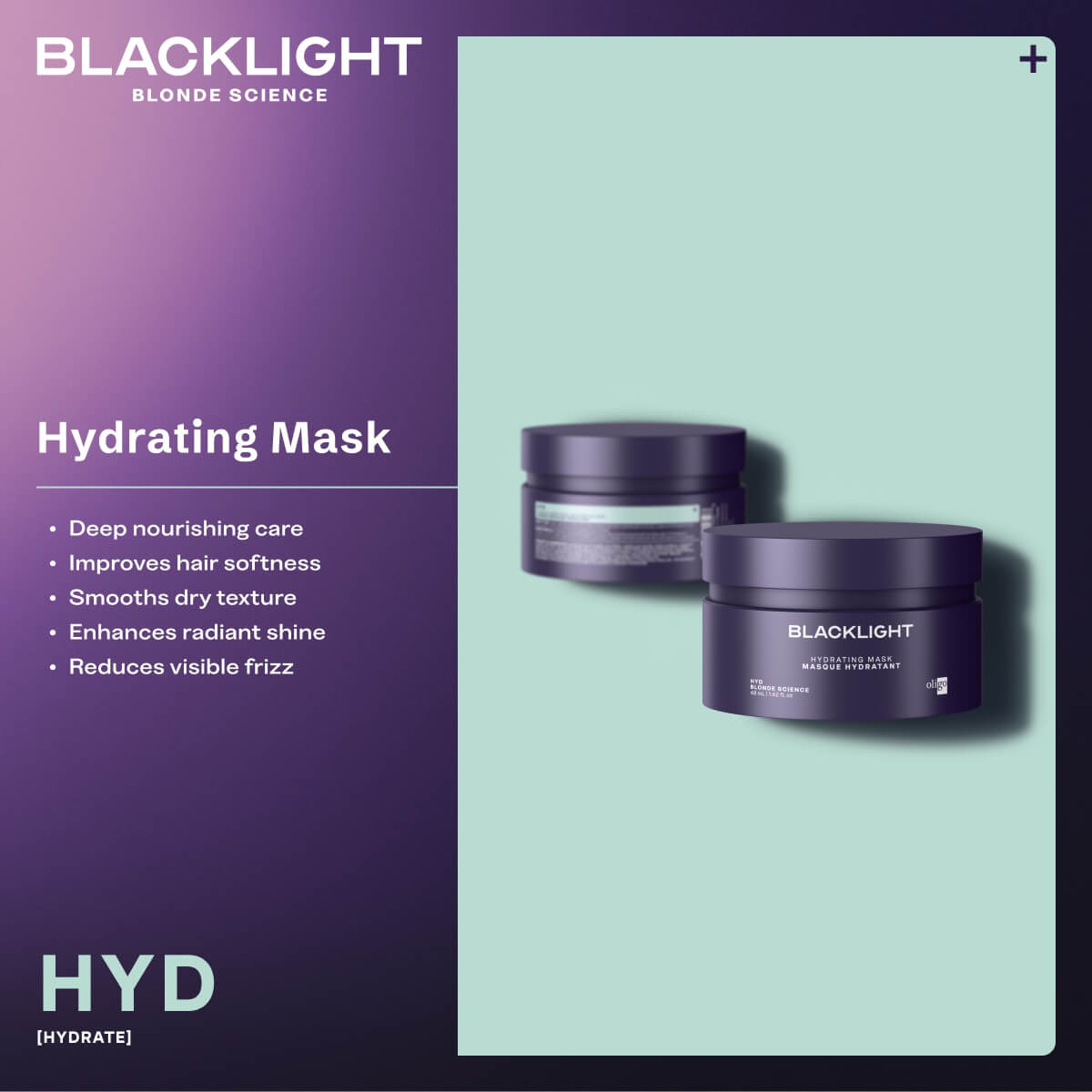 Blacklight blonde science hydrating mask with product features on a purple and green background