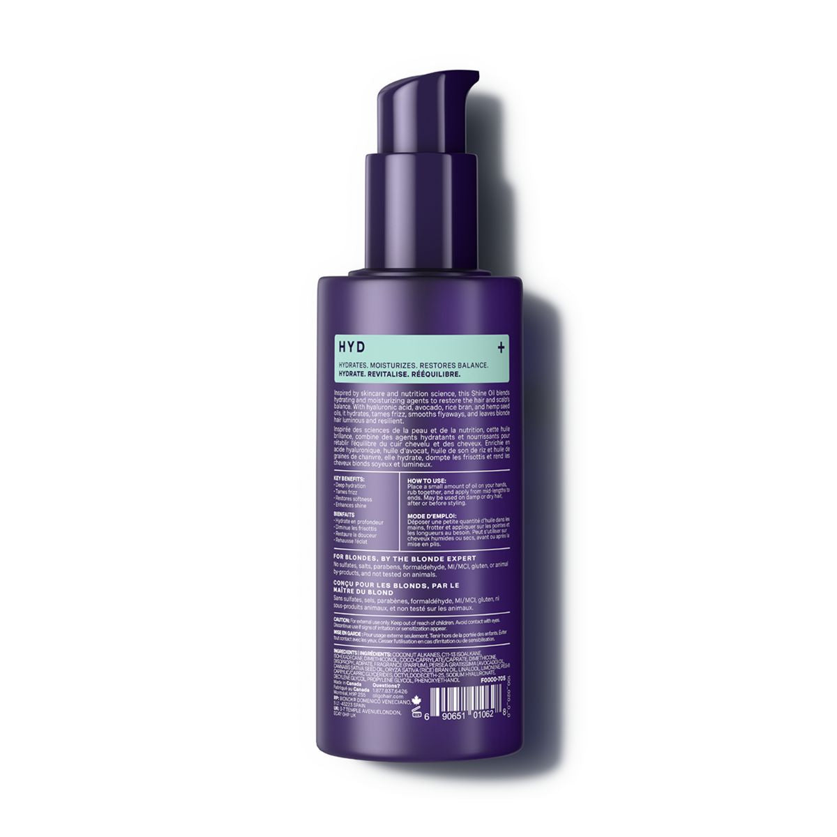 Back of bottle of the Blacklight Blonde Science Lightweight Hydrating Shine Oil 100ml