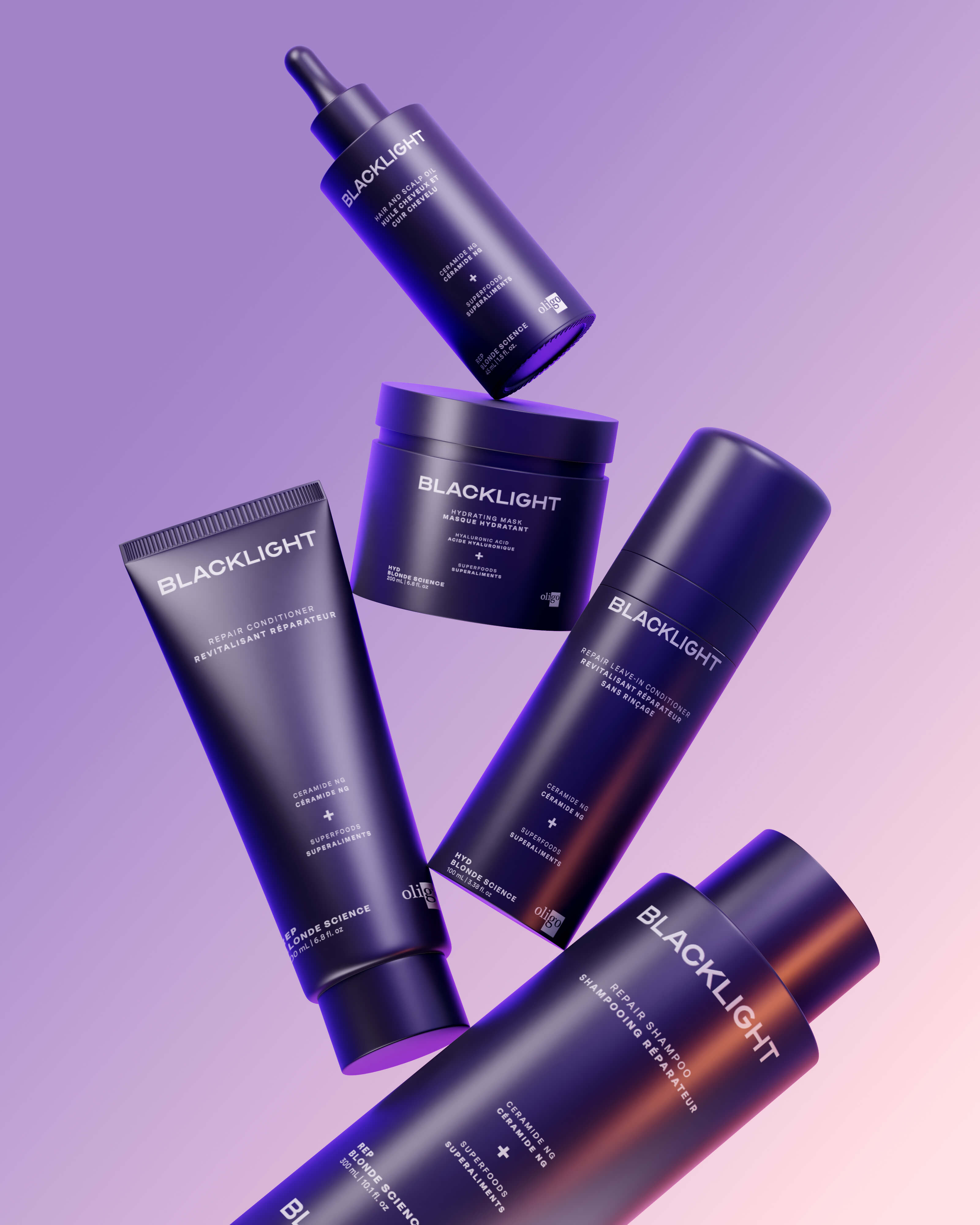 Bottles of Blacklight Blonde Science Repair Collection on purple background