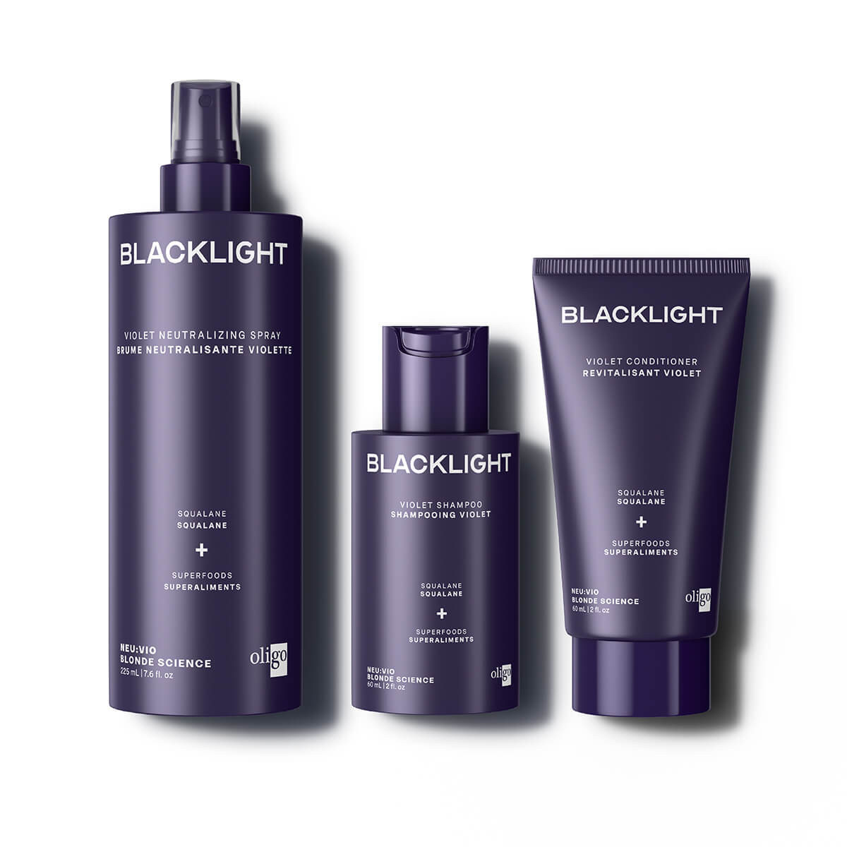 3 Blacklight Blonde Science Violet Mini Haircare Products for Blonde Hair on a white background