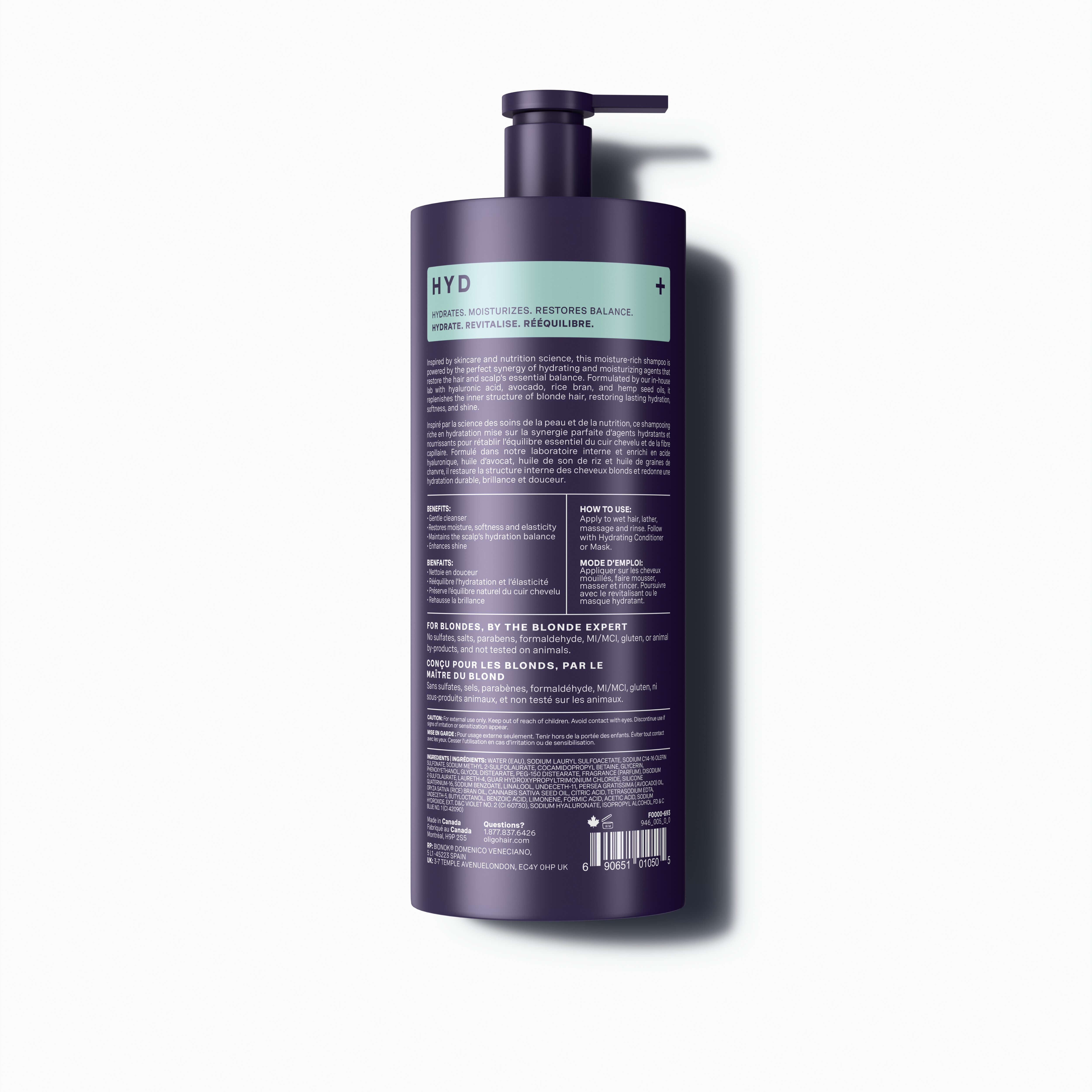 Back of bottle of Blacklight Blonde Science Moisture Hydrating Shampoo 946ml #size_946 ml / 32 fl. oz