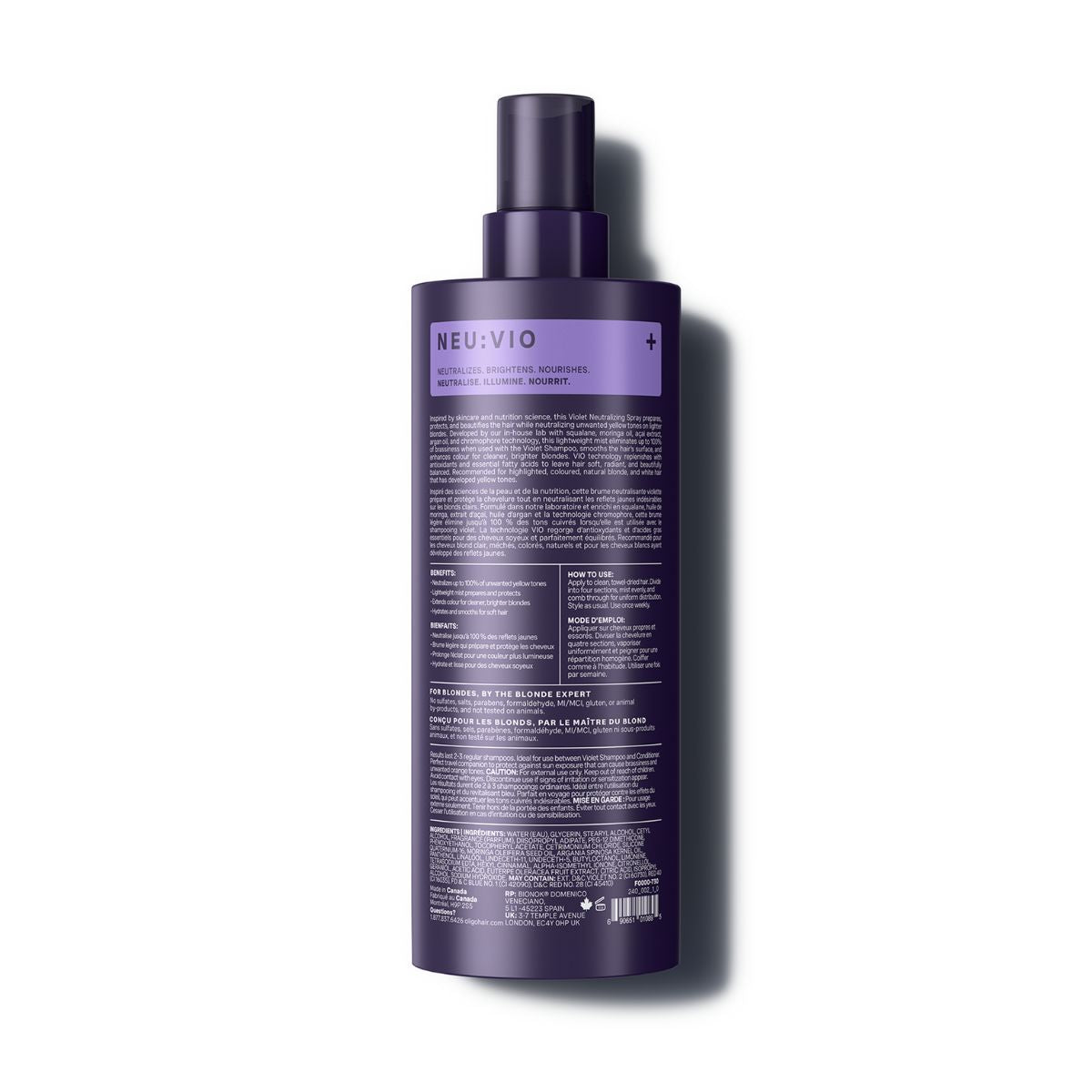 Back of bottle of the Blacklight Blonde Science Neutralizing Violet Spray 225 ml