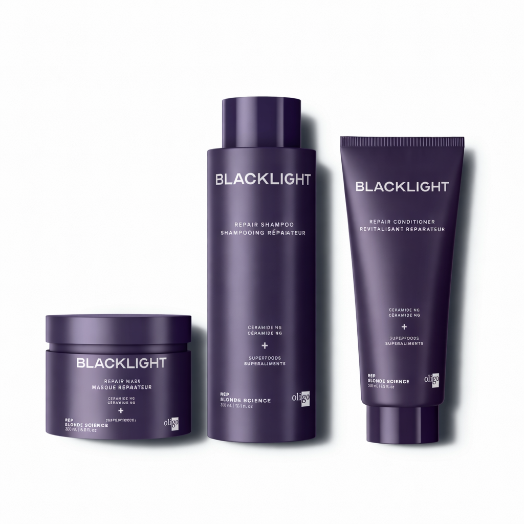 3 bottles of Blacklight Blonde Science Repair Products for Blonde Hair including a shampoo, conditioner and mask that are included in a bundle