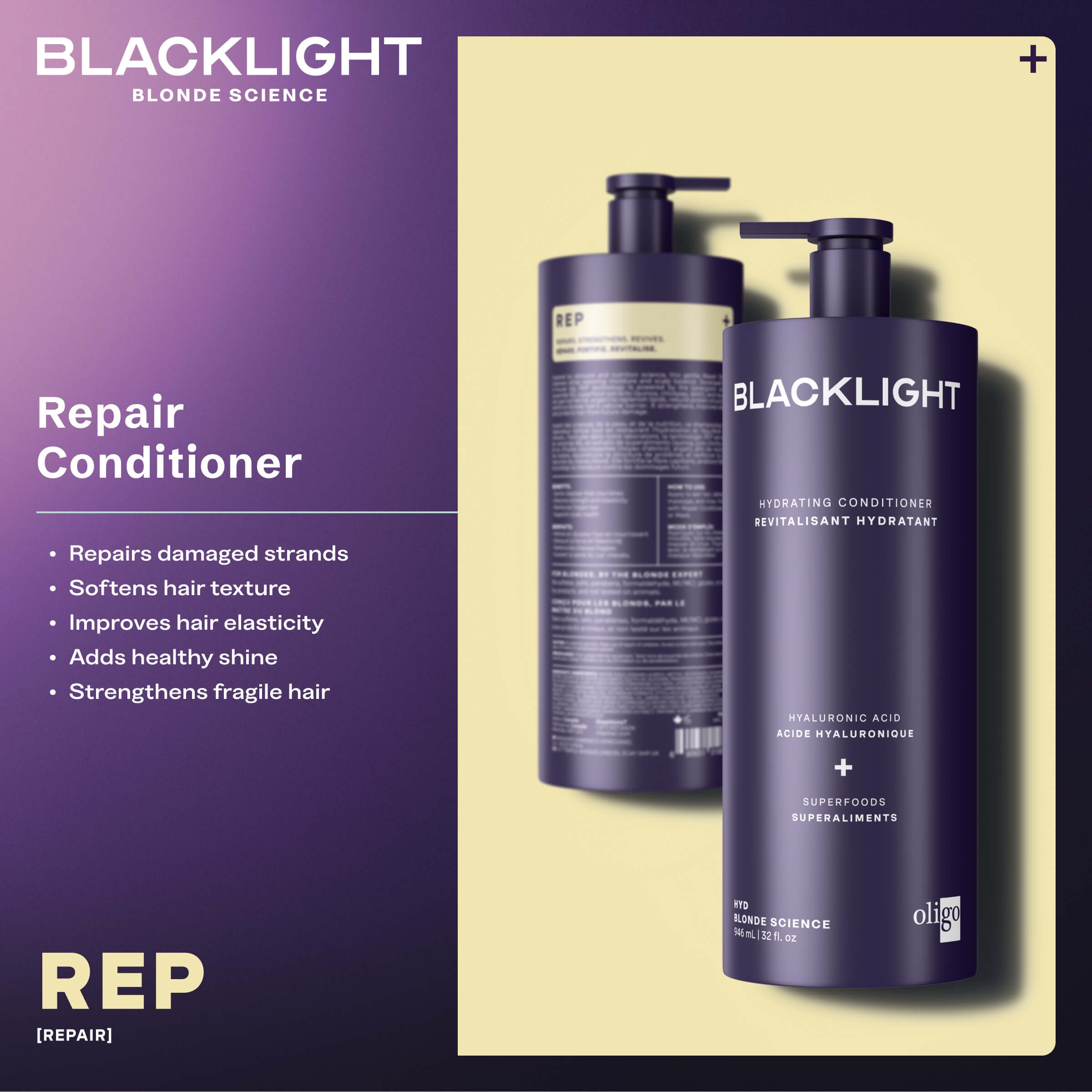 Two bottles of Blacklight Repair Conditioner on a beige background with product details.