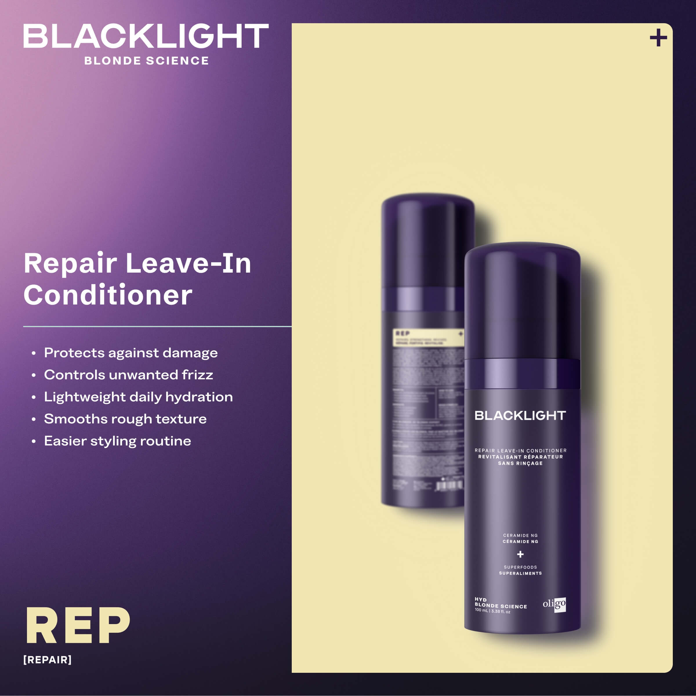 Two bottles of Blacklight Repair Leave-In Conditioner on a beige background with product details.