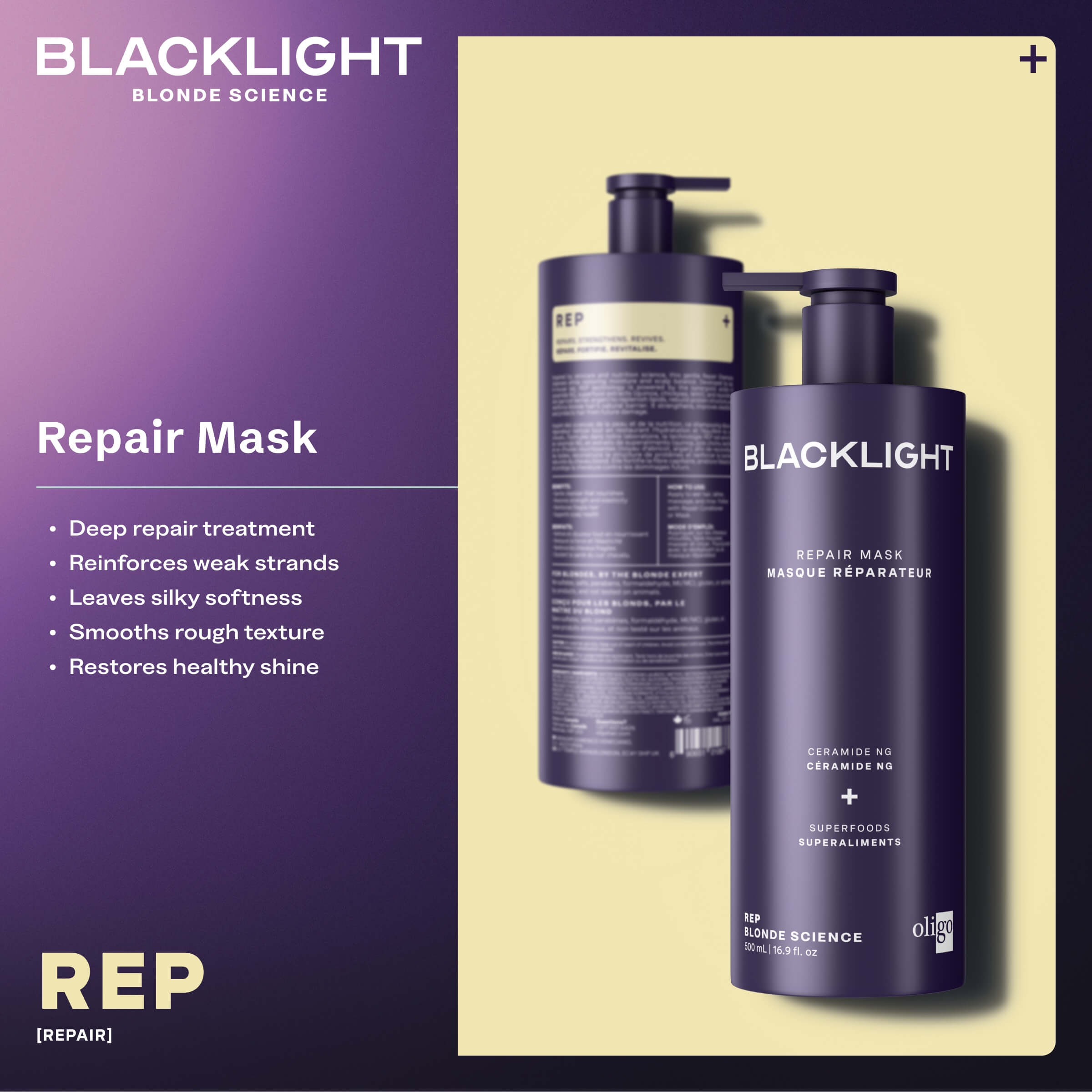 Two bottles of Blacklight Repair Mask on a beige background with product details.