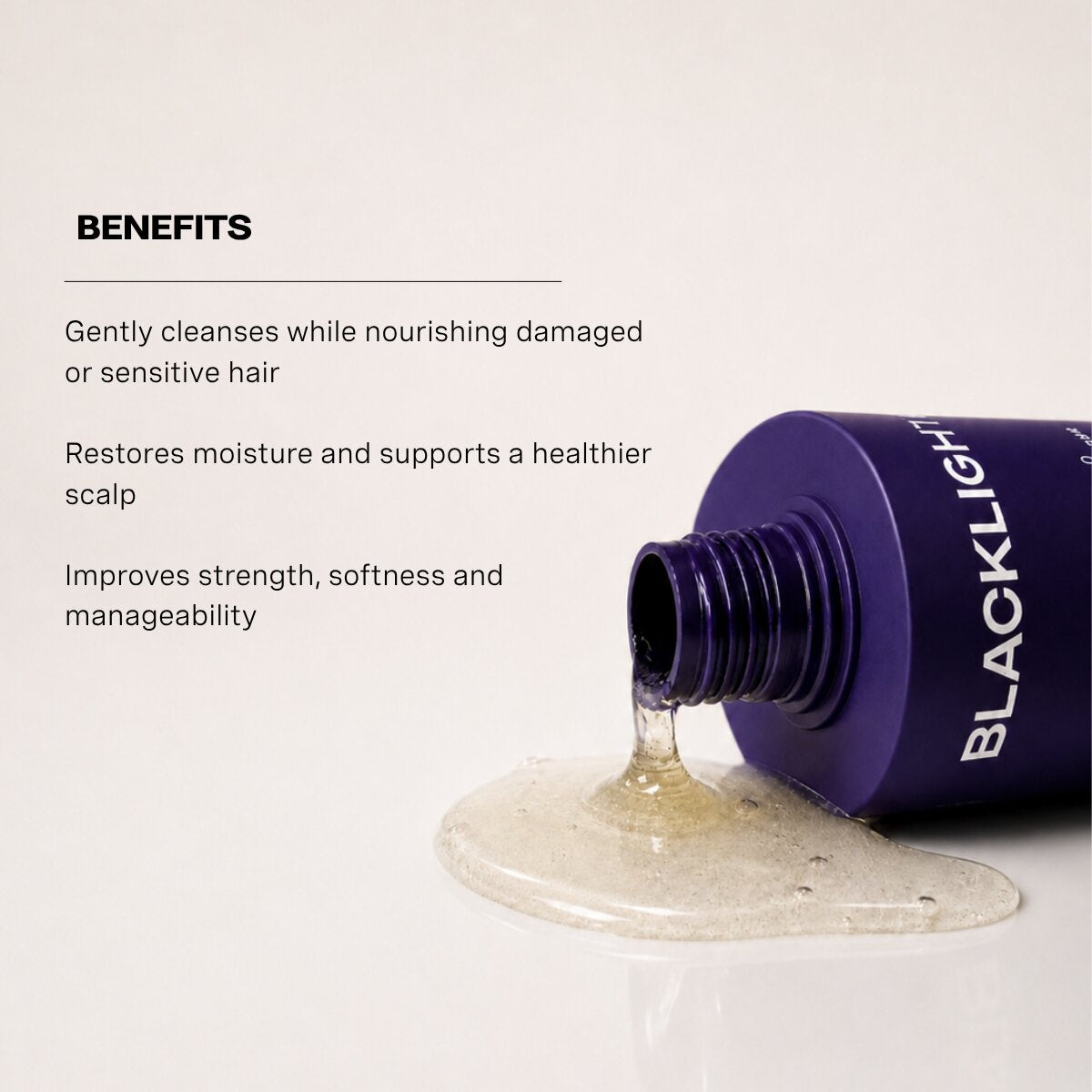 Purple bottle of hair care product with text listing benefits on a white background