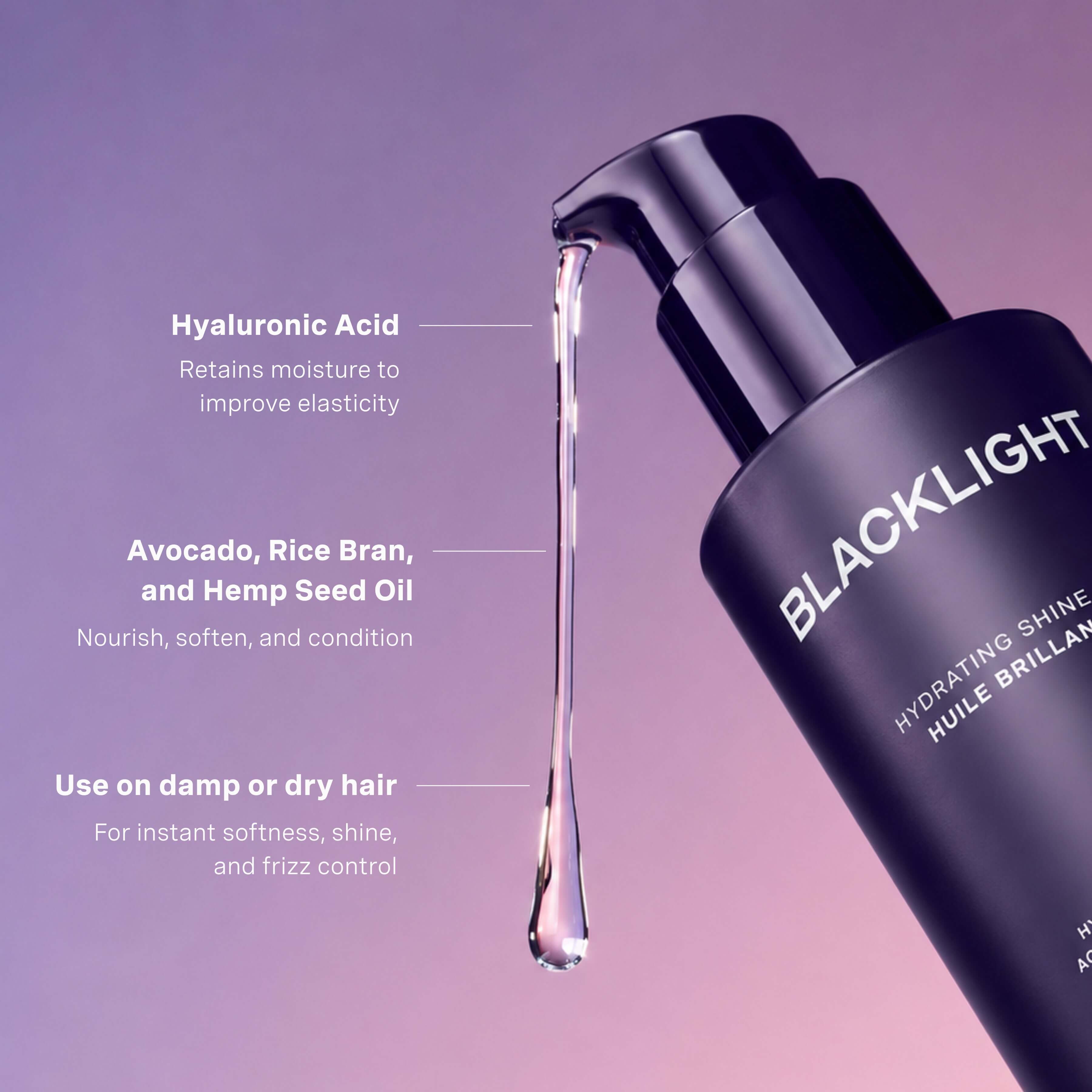 Blacklight hair oil bottle with droplet and ingredient information on a gradient background