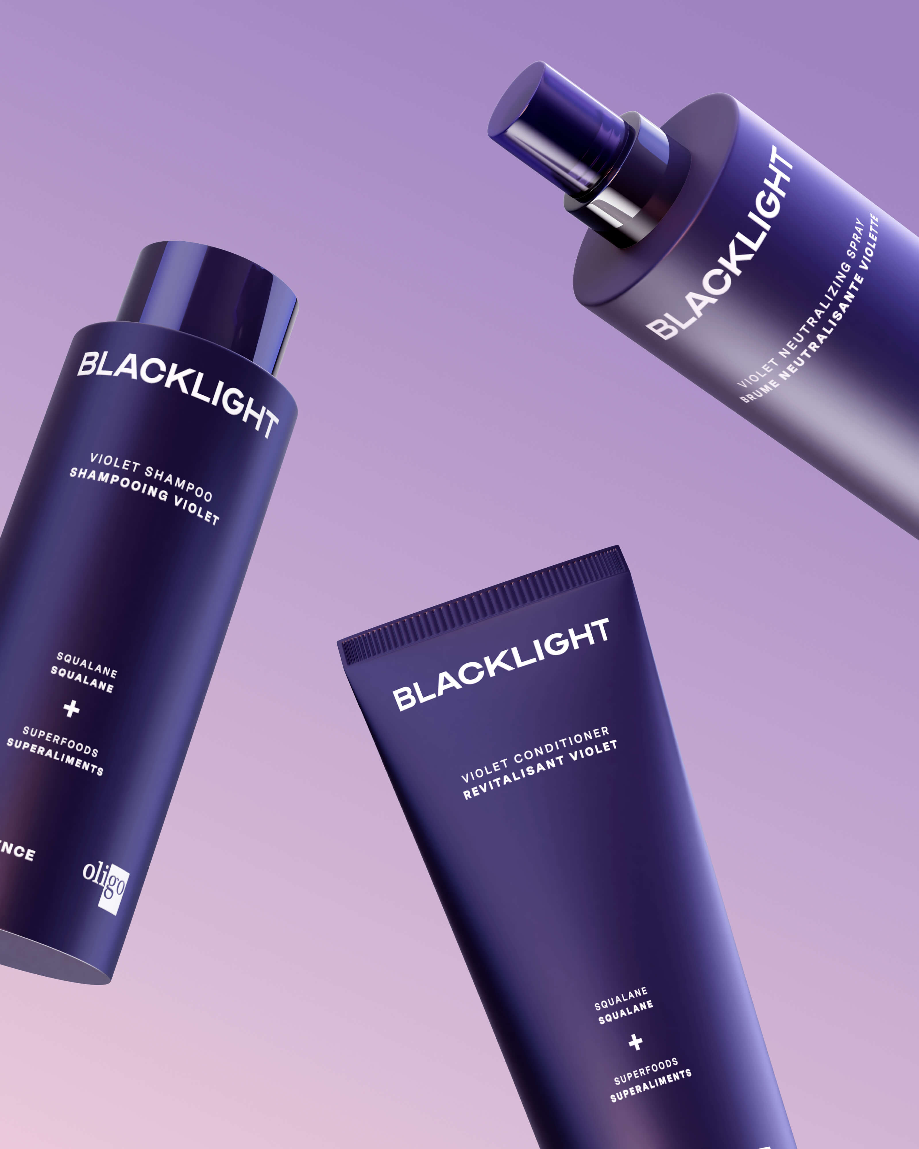 Three bottles of Blacklight Blonde Science Violet Shampoo, Conditioner, and Neutralizing Spray on a purple background