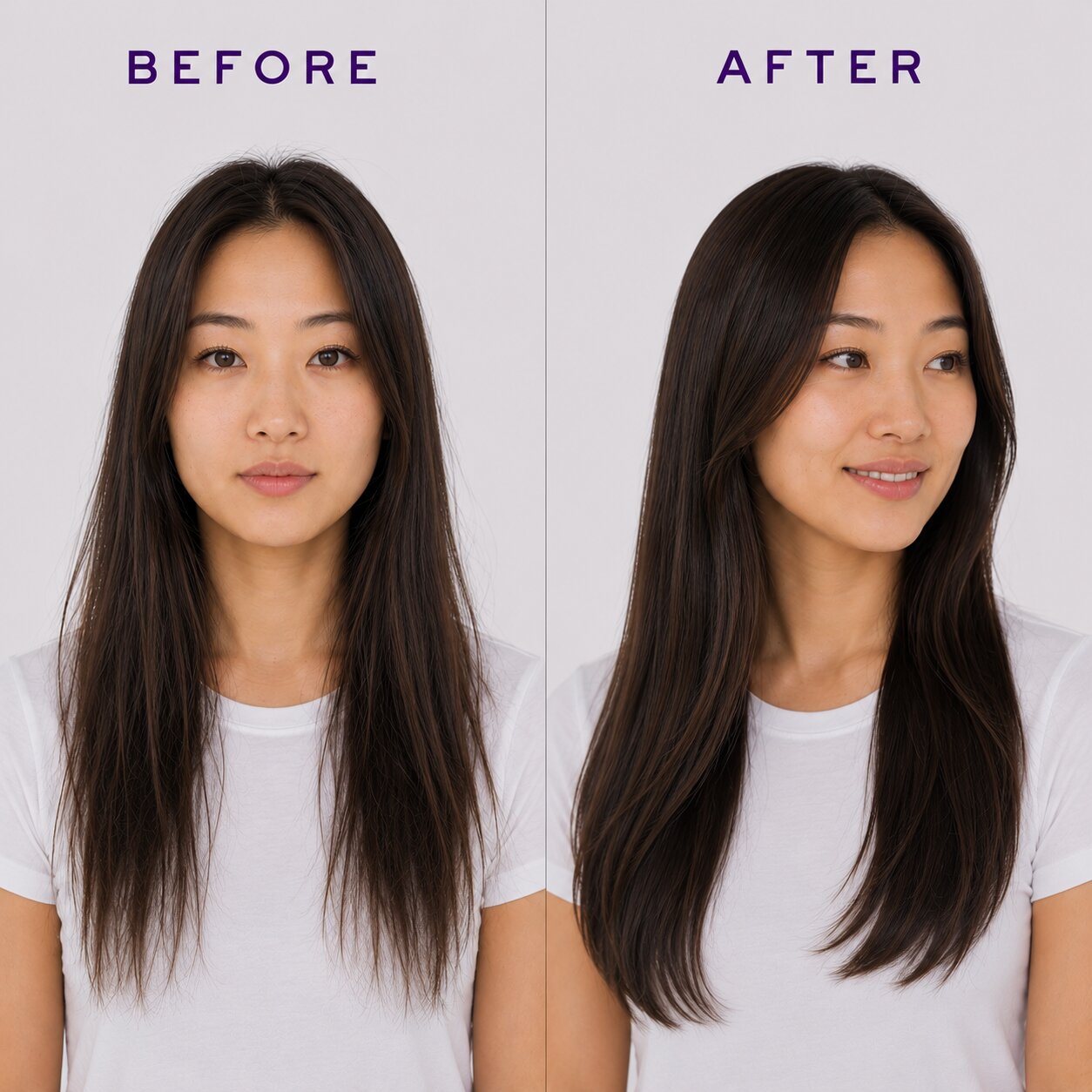 A side-by-side before and after comparison of a woman's long dark brown hair, showing frizzy, uneven strands on the left and smoother, shinier, more uniform hair on the right. The image features 'BEFORE' and 'AFTER' text labels at the top against a clean light gray background.