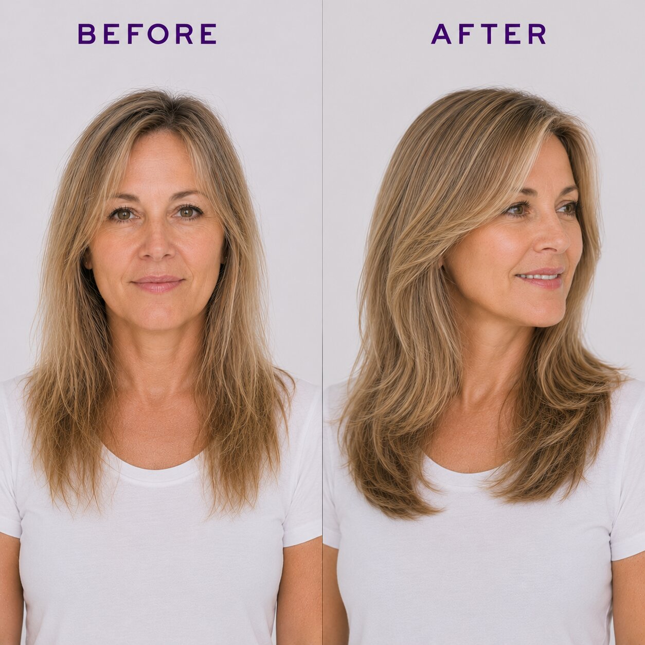 Before and after comparison of a woman's hair, showing a straighter, shorter look on the left labeled 'BEFORE' and a longer, wavy, styled look on the right labeled 'AFTER'. The woman is wearing a white t-shirt against a light gray background.