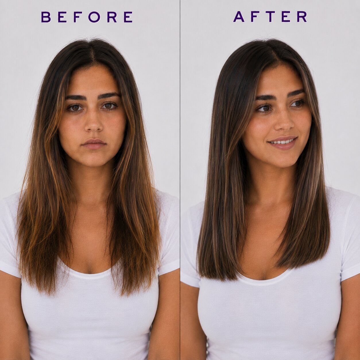 A side-by-side before and after comparison of a woman's hair, showing a straightened, smoother, and lighter brown-to-blonde highlighted result. The left side is labeled 'BEFORE' and the right side is labeled 'AFTER' against a plain light gray background.