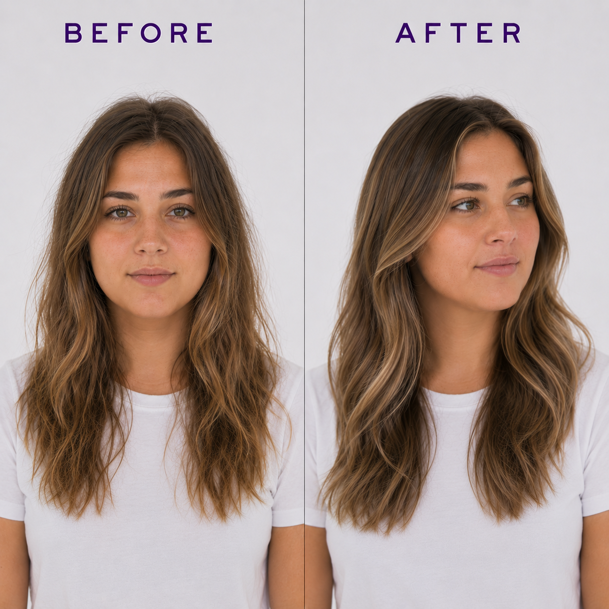 Before and after comparison of a woman's hair showing a highlighted salon result. The left side is labeled 'BEFORE' with dry, darker brown hair, and the right side is labeled 'AFTER' with lighter, highlighted brown hair.
