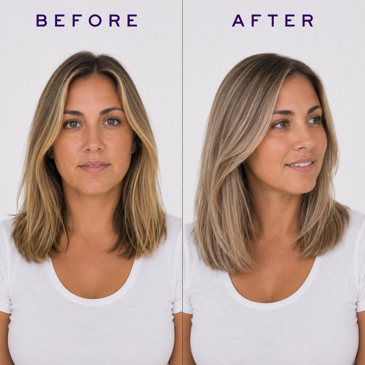 A side-by-side before and after comparison of a woman with shoulder-length blonde straight hair, wearing a white scoop-neck t-shirt. The left side is labeled 'BEFORE' and shows the hair as straighter and shorter.
