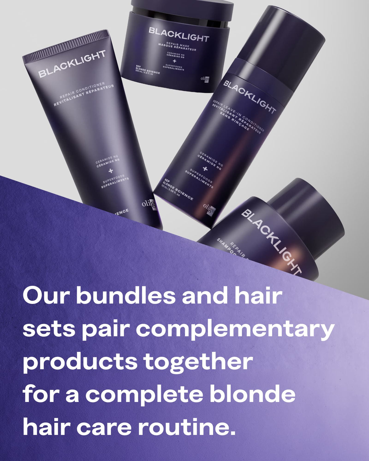 Four Blacklight Blonde Science haircare products in dark navy and purple packaging are arranged on a light gray background with a large purple text banner across the lower portion. Visible text includes Blacklight Blonde Science and product names such as Blonde Hair Care Treatment, Bond Maintenance, and Bond Reviver.