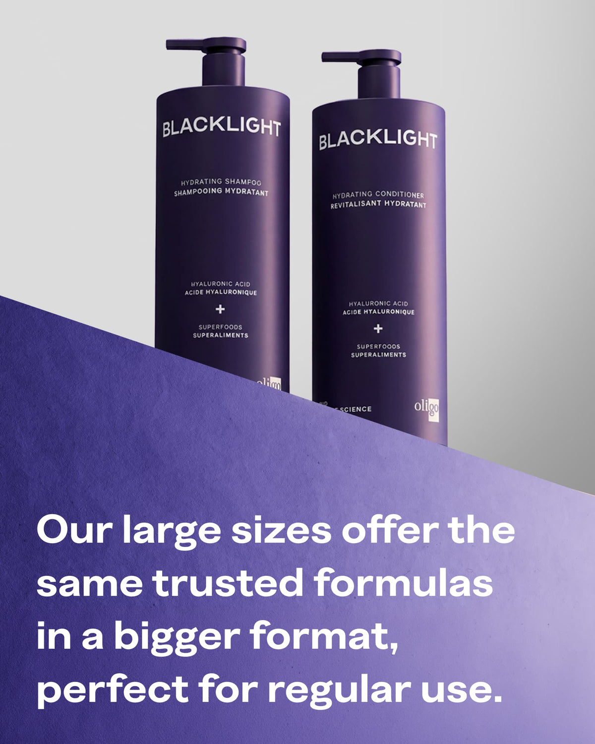 Two large Blacklight Blonde Science hydrating shampoo and conditioner bottles in dark purple, set against a split gray and purple background with promotional white text at the bottom.