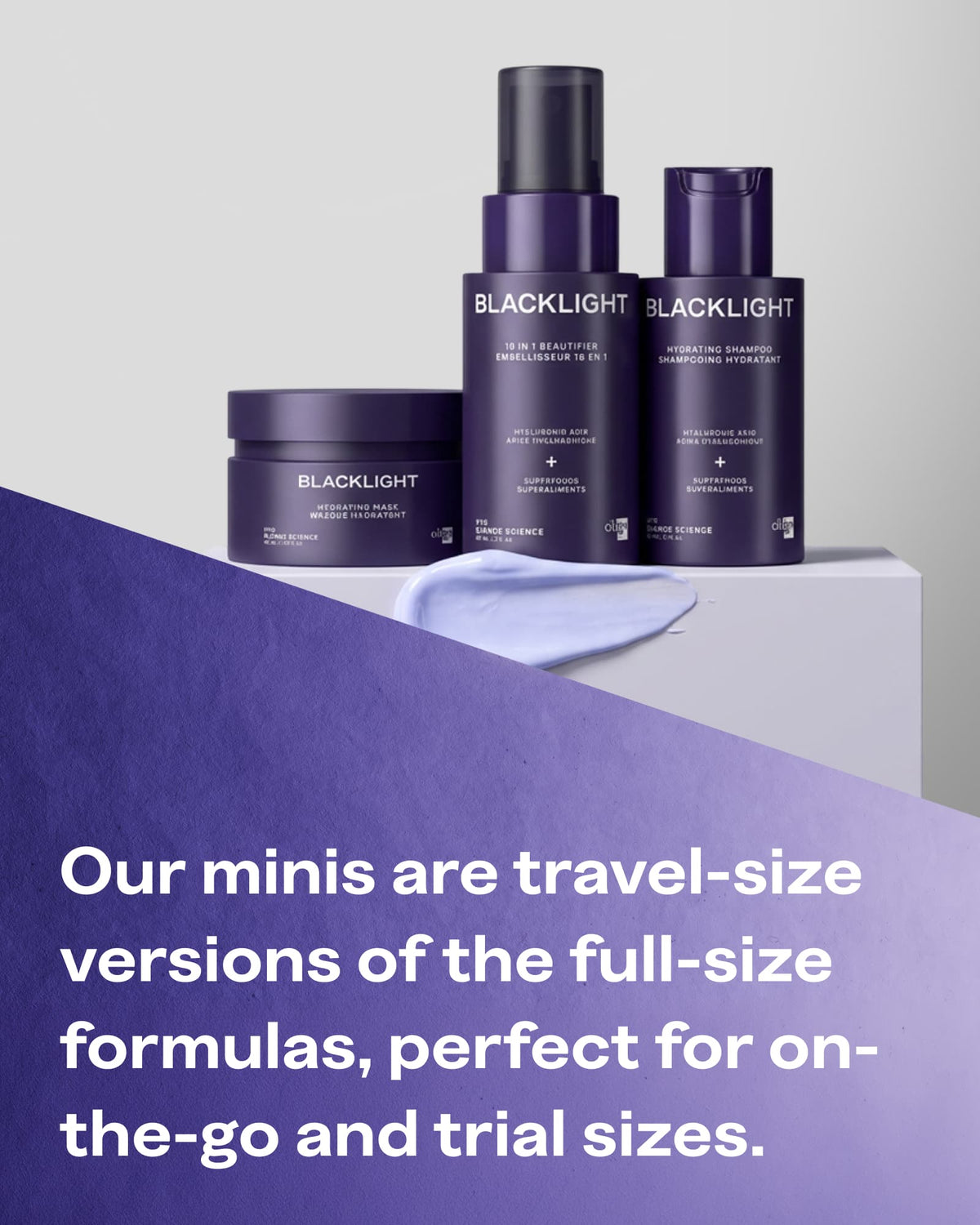 Three BLACKLIGHT travel-size mini skincare bottles and a jar displayed on a white pedestal with a purple cloth, plus large promotional text about travel-size versions of full-size formulas.