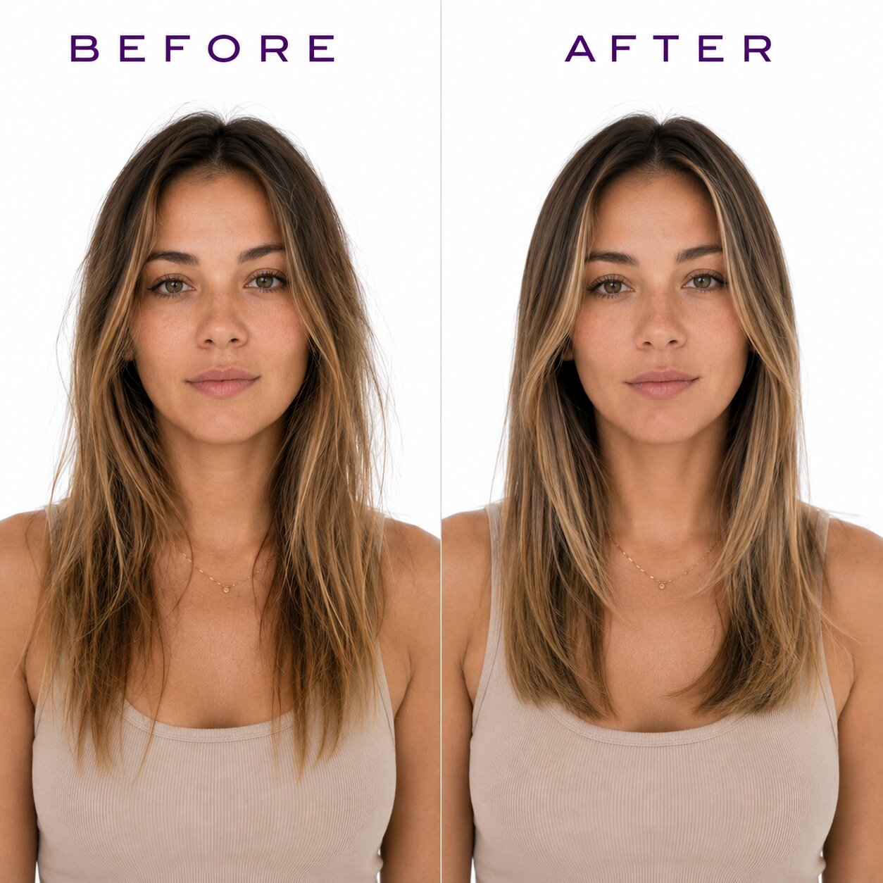 Before and after comparison of a woman with long hair styled differently.