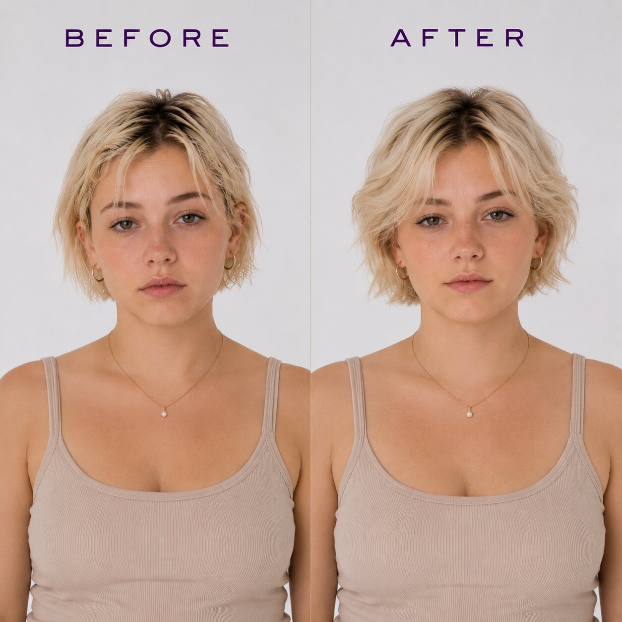 Before and after comparison of a person with short blonde hair wearing a beige tank top.