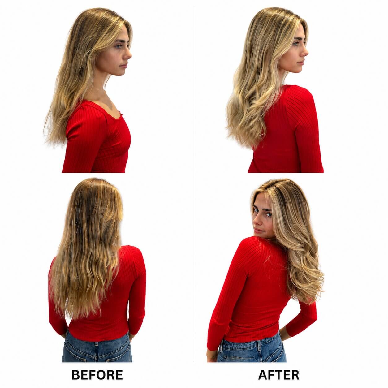 Side by side image of a girl posing showing her look before and after using the Blacklight Blonde Science Hydrating products.