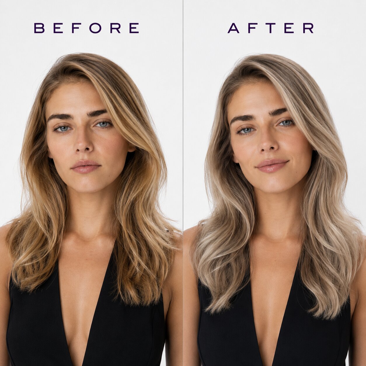 Before and after comparison of a woman with blonde hair, wearing a black top.
