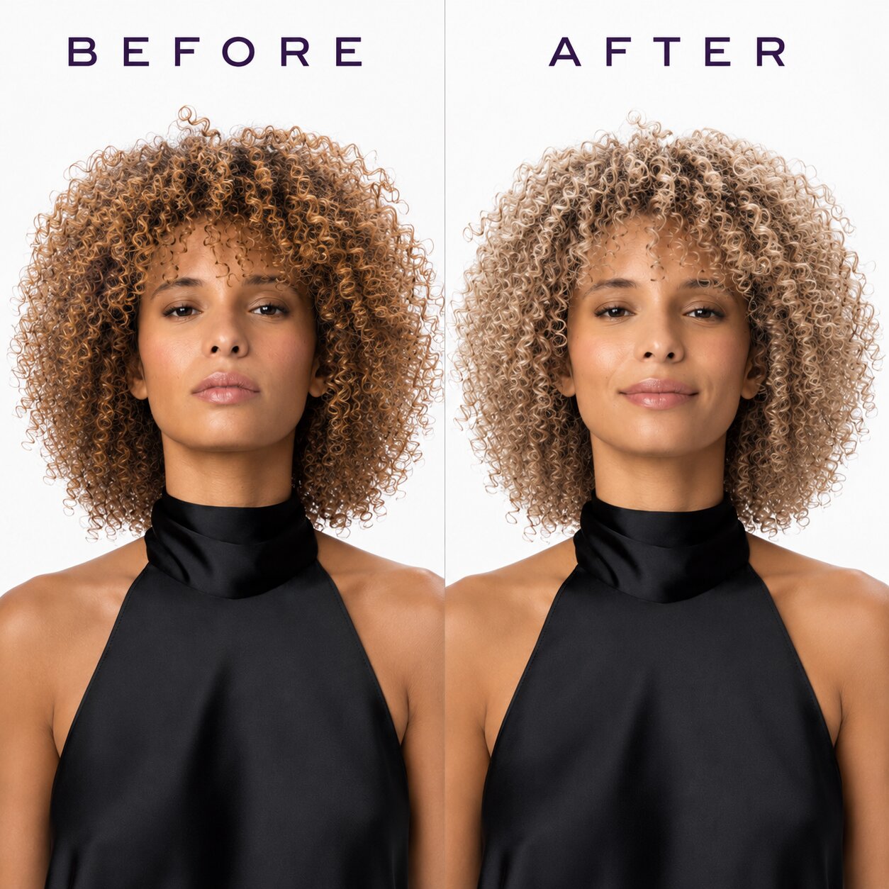 Before and after comparison of a woman with curly hair styled in a black halter top.