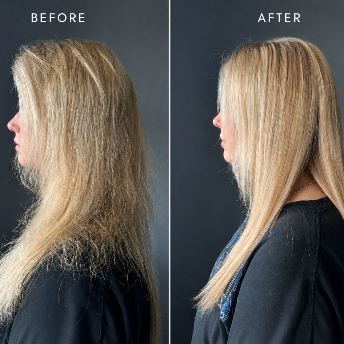 Before and after comparison of a person with straightened blonde hair against a dark background.