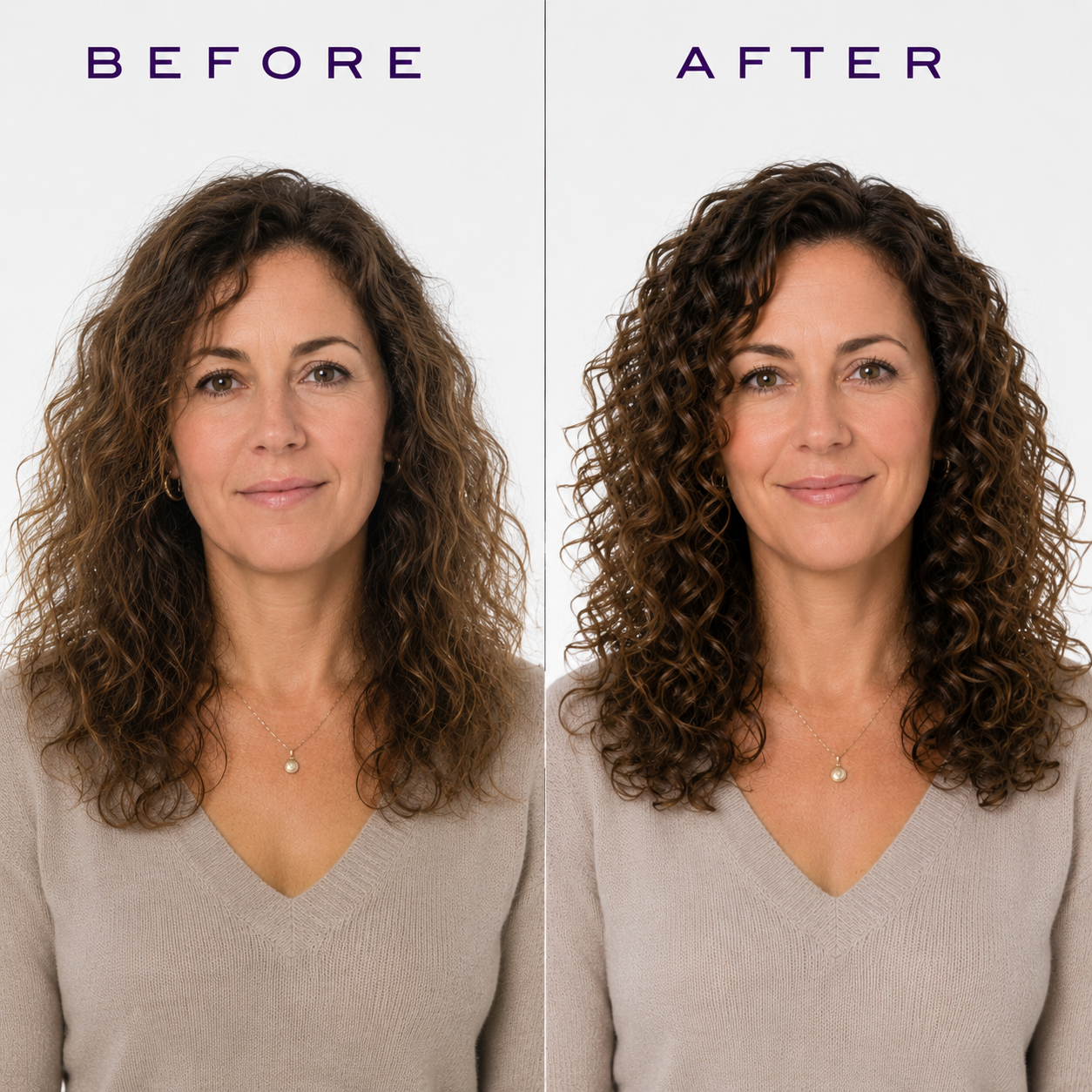Before and after comparison of a woman with curly brown hair, showing the result of a hair product. The left side is labeled 'BEFORE' and shows looser curls, while the right side is labeled 'AFTER' and shows tighter, defined curls.