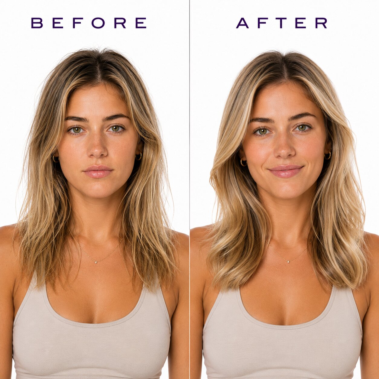 Before and after comparison of a woman with blonde hair, wearing a beige tank top.