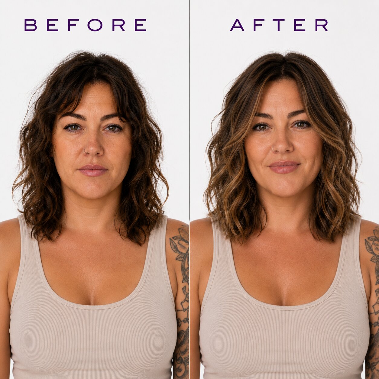Before and after comparison of a woman with wavy hair, wearing a beige tank top.