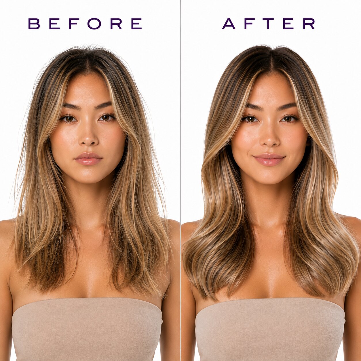Before and after comparison of a woman with styled hair.