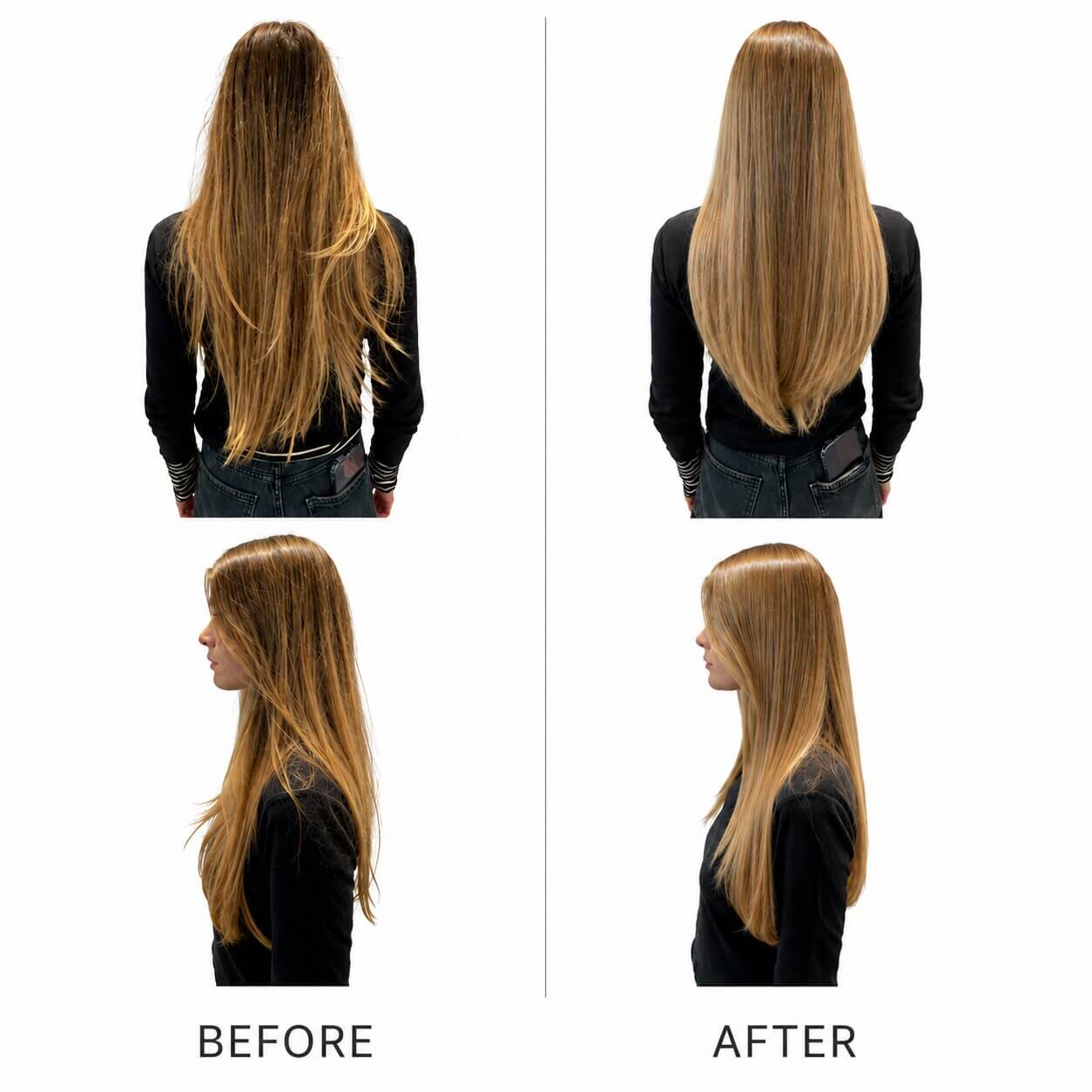 Side by side images showing before and after results of the Repair line of Blacklight Blonde Science products
