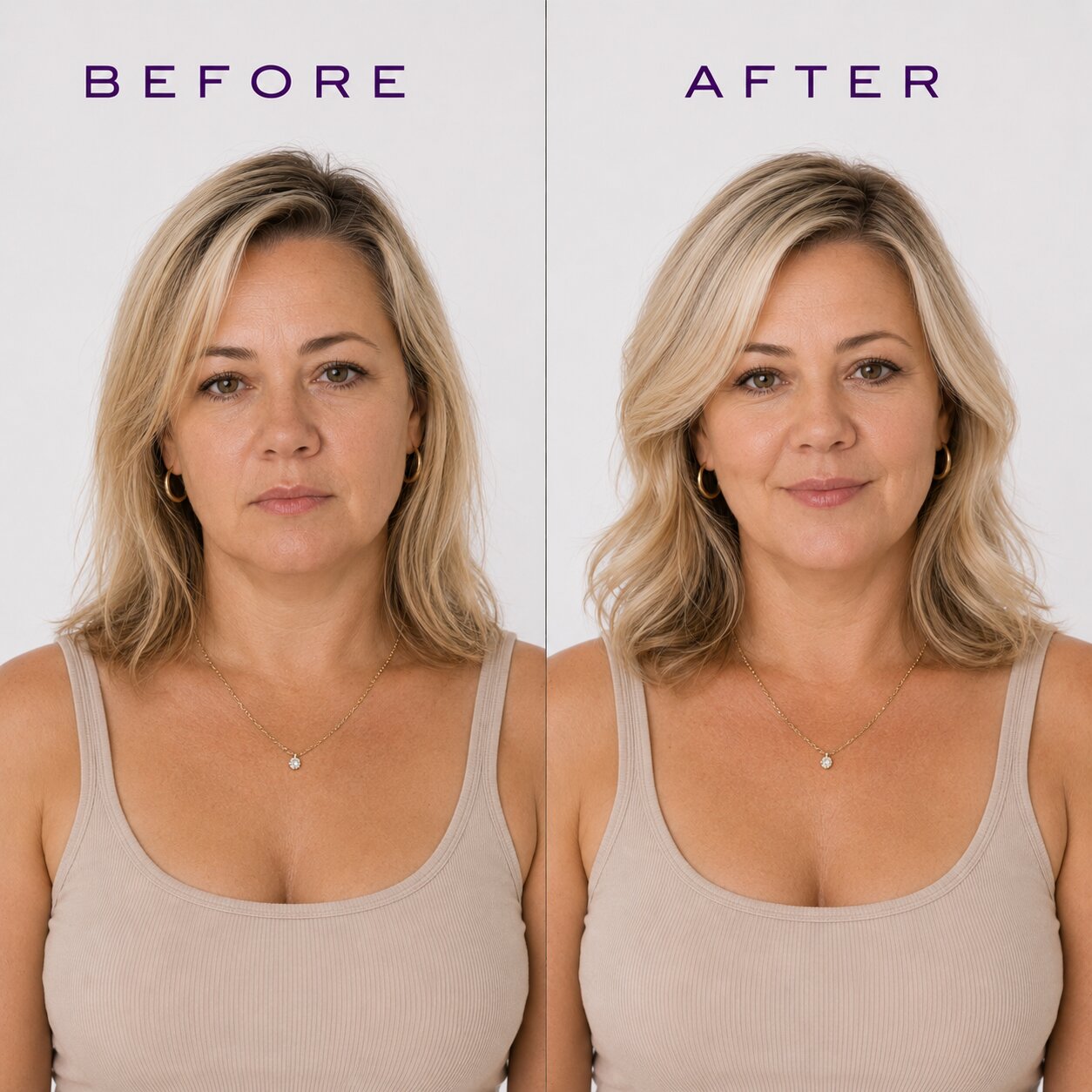 Before and after comparison of a woman with blonde hair wearing a beige tank top.