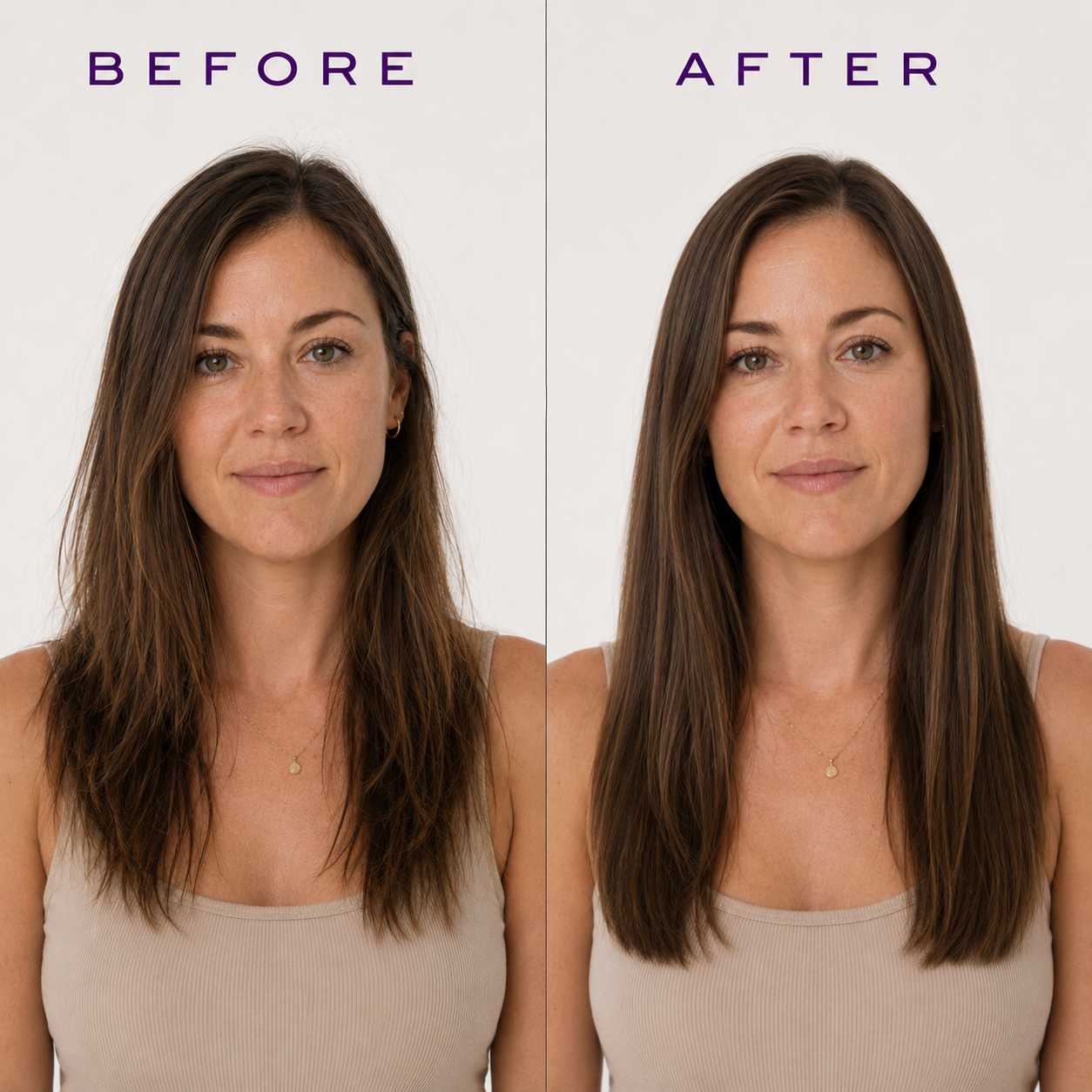 Before and after comparison of a woman's hair, showing a straightened, smoother, and longer brown hairstyle on the right labeled 'AFTER' against a light gray background.