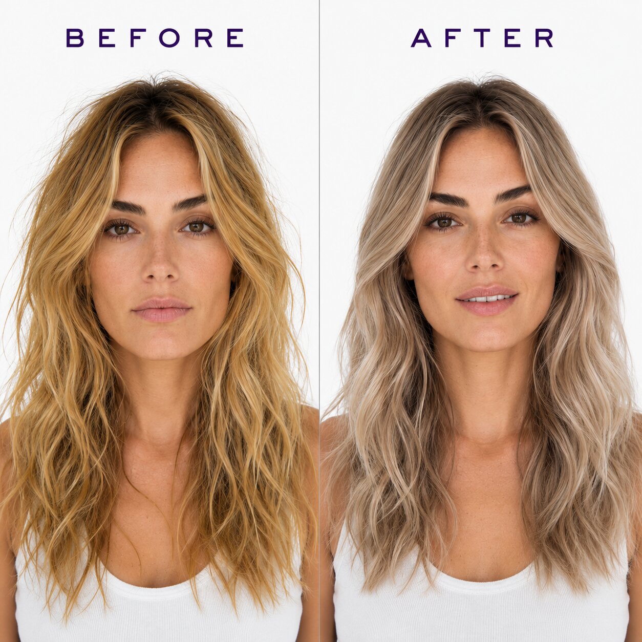 Before and after comparison of a woman with blonde hair, showing a transformation.